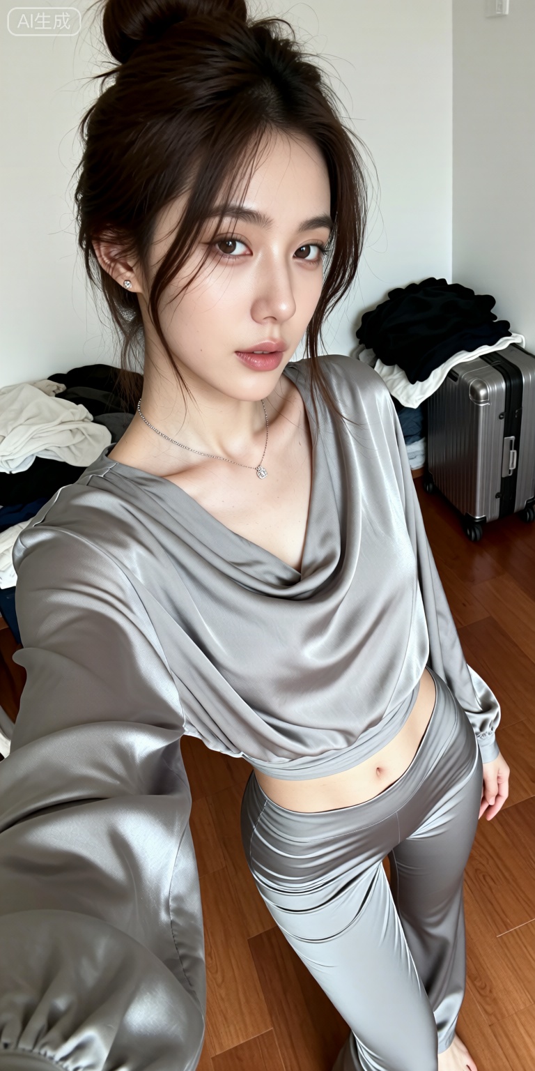 缎面材质服装,斜向自拍视角