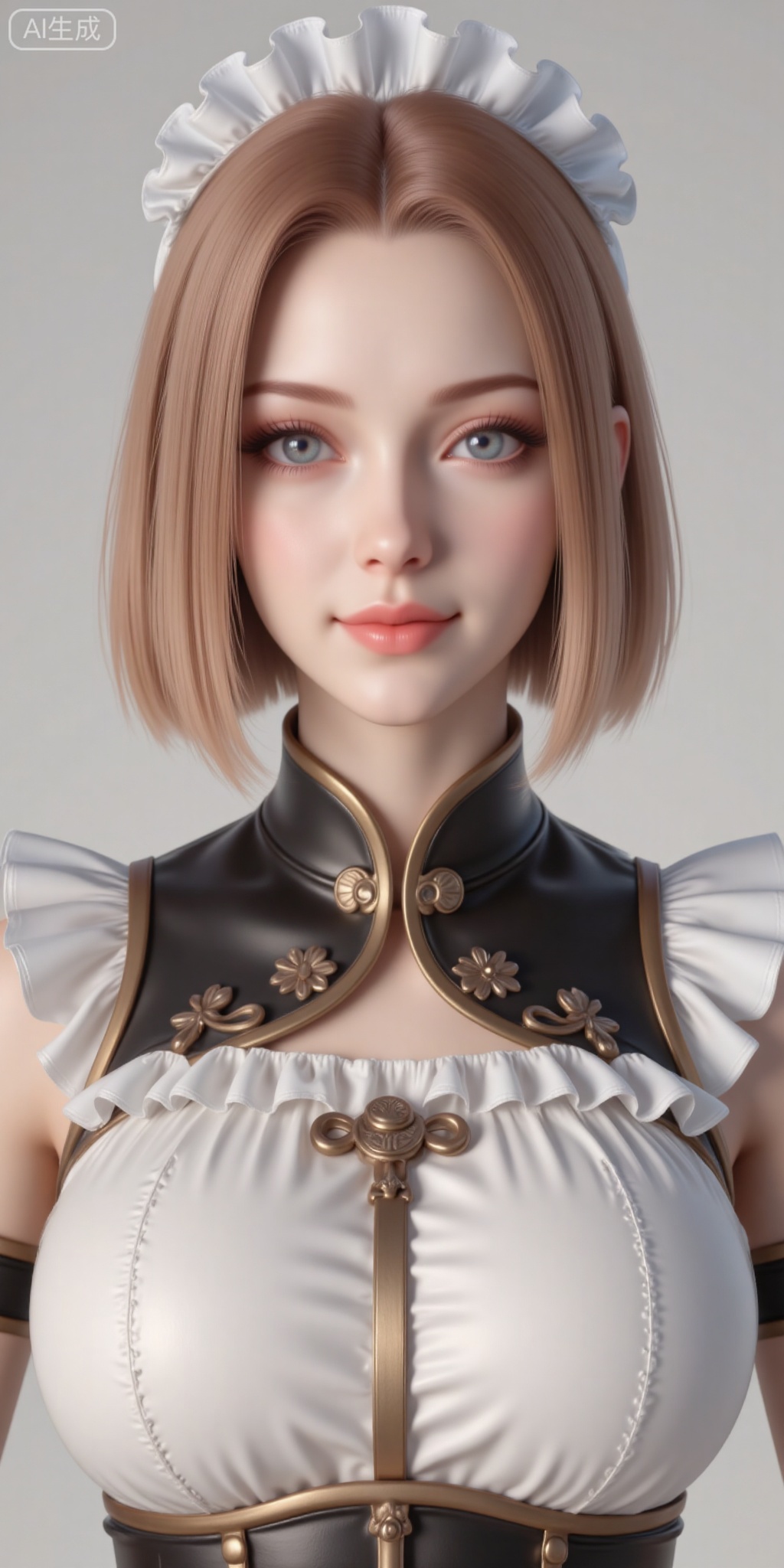 1girl, solo, breasts, looking at viewer, smile, short hair, blue eyes, blonde hair, large breasts, upper body, parted lips, sleeveless, lips, maid, maid headdress