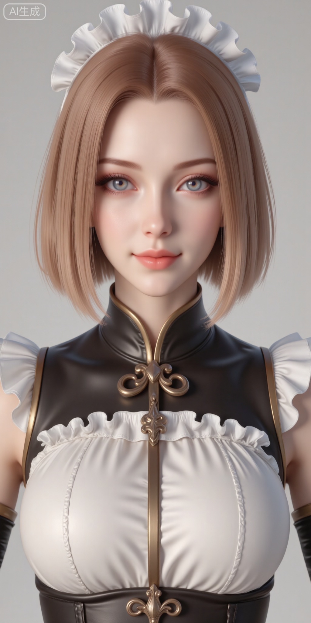 1girl, solo, breasts, looking at viewer, smile, short hair, blue eyes, blonde hair, large breasts, upper body, parted lips, sleeveless, lips, maid, maid headdress