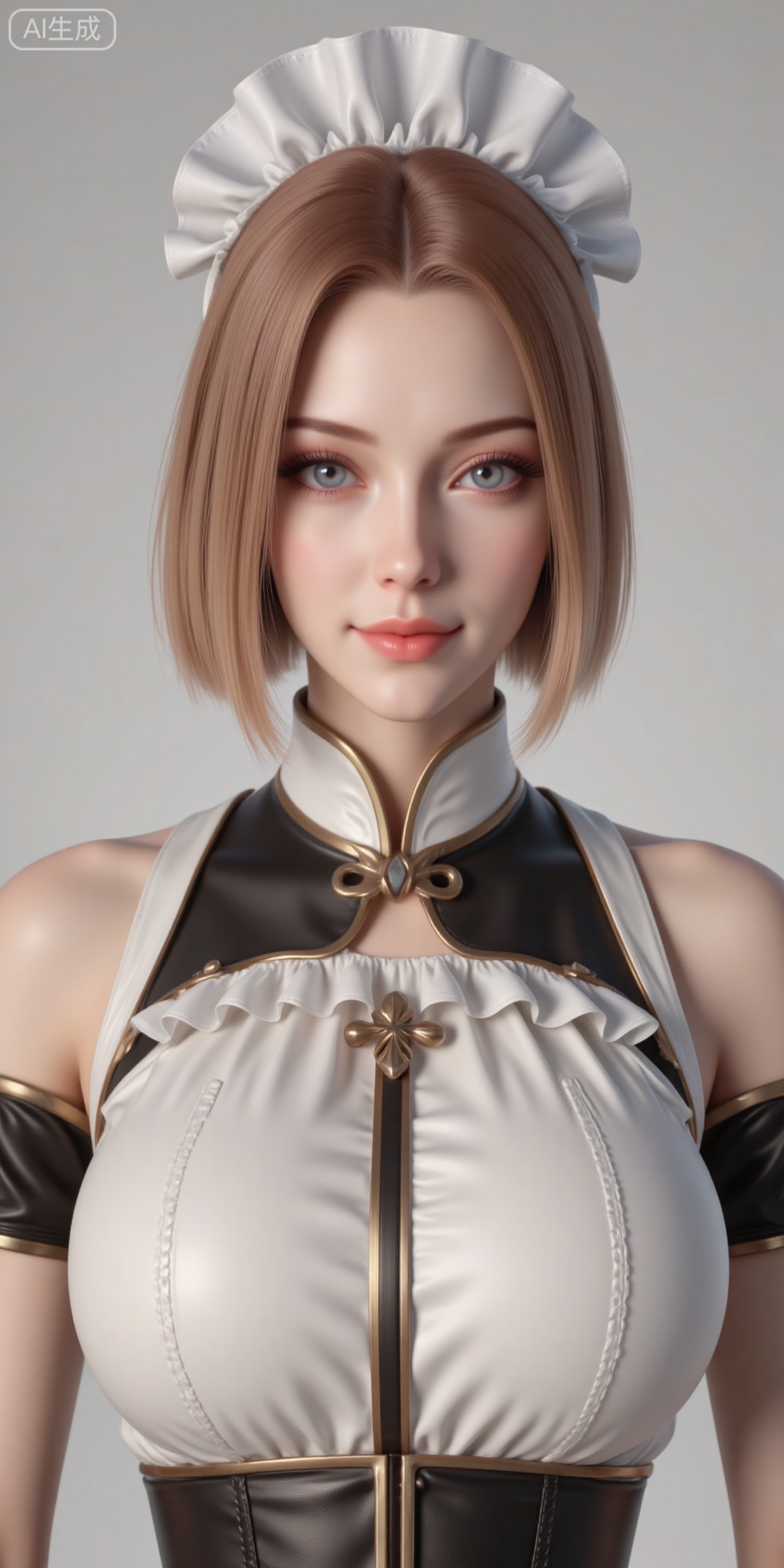 1girl, solo, breasts, looking at viewer, smile, short hair, blue eyes, blonde hair, large breasts, upper body, parted lips, sleeveless, lips, maid, maid headdress