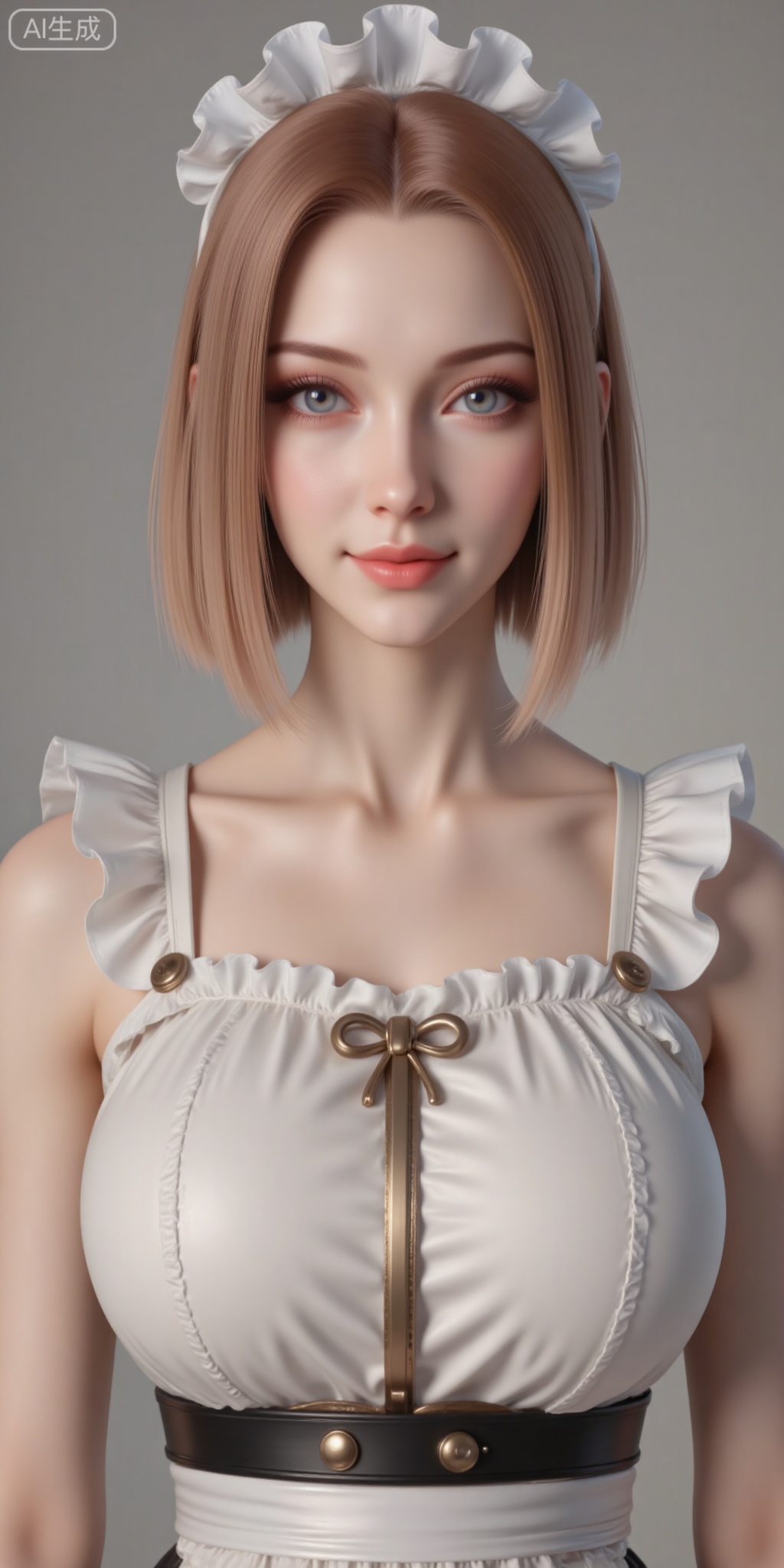 1girl, solo, breasts, looking at viewer, smile, short hair, blue eyes, blonde hair, large breasts, upper body, parted lips, sleeveless, lips, maid, maid headdress