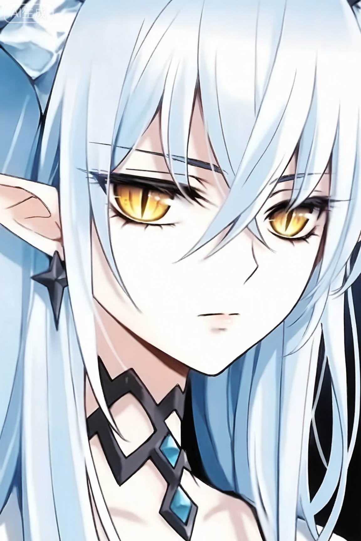 1girl, solo, long hair, looking at viewer, hair between eyes, jewelry, closed mouth, blue hair, yellow eyes, white hair, earrings, horns, choker, pointy ears, expressionless, slit pupils, portrait,
masterpiece,best quality,amazing quality,very aesthetic,ultra-detailed,high resolution,8k,
