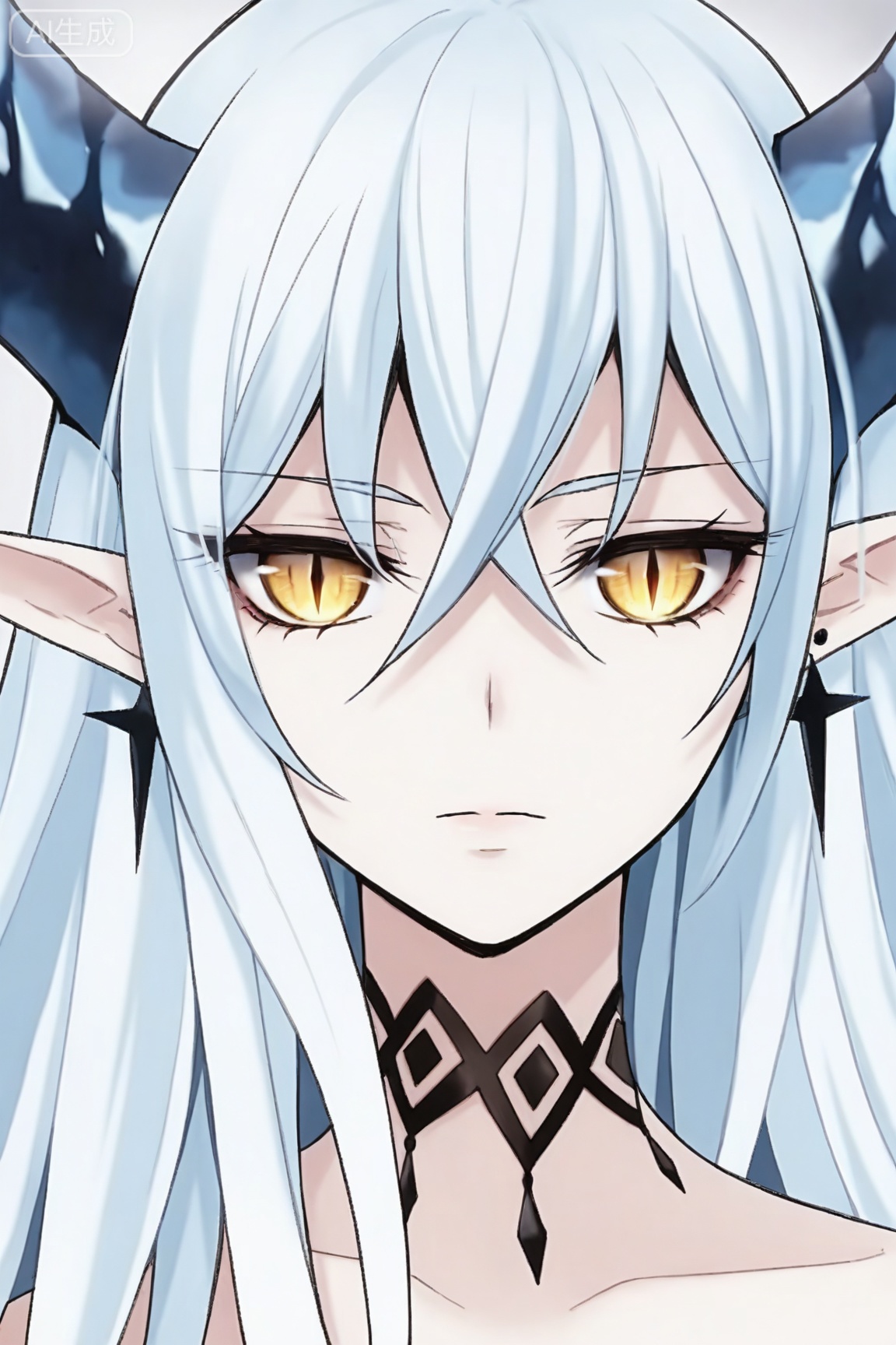1girl, solo, long hair, looking at viewer, hair between eyes, jewelry, closed mouth, blue hair, yellow eyes, white hair, earrings, horns, choker, pointy ears, expressionless, slit pupils, portrait,
masterpiece,best quality,amazing quality,very aesthetic,ultra-detailed,high resolution,8k,