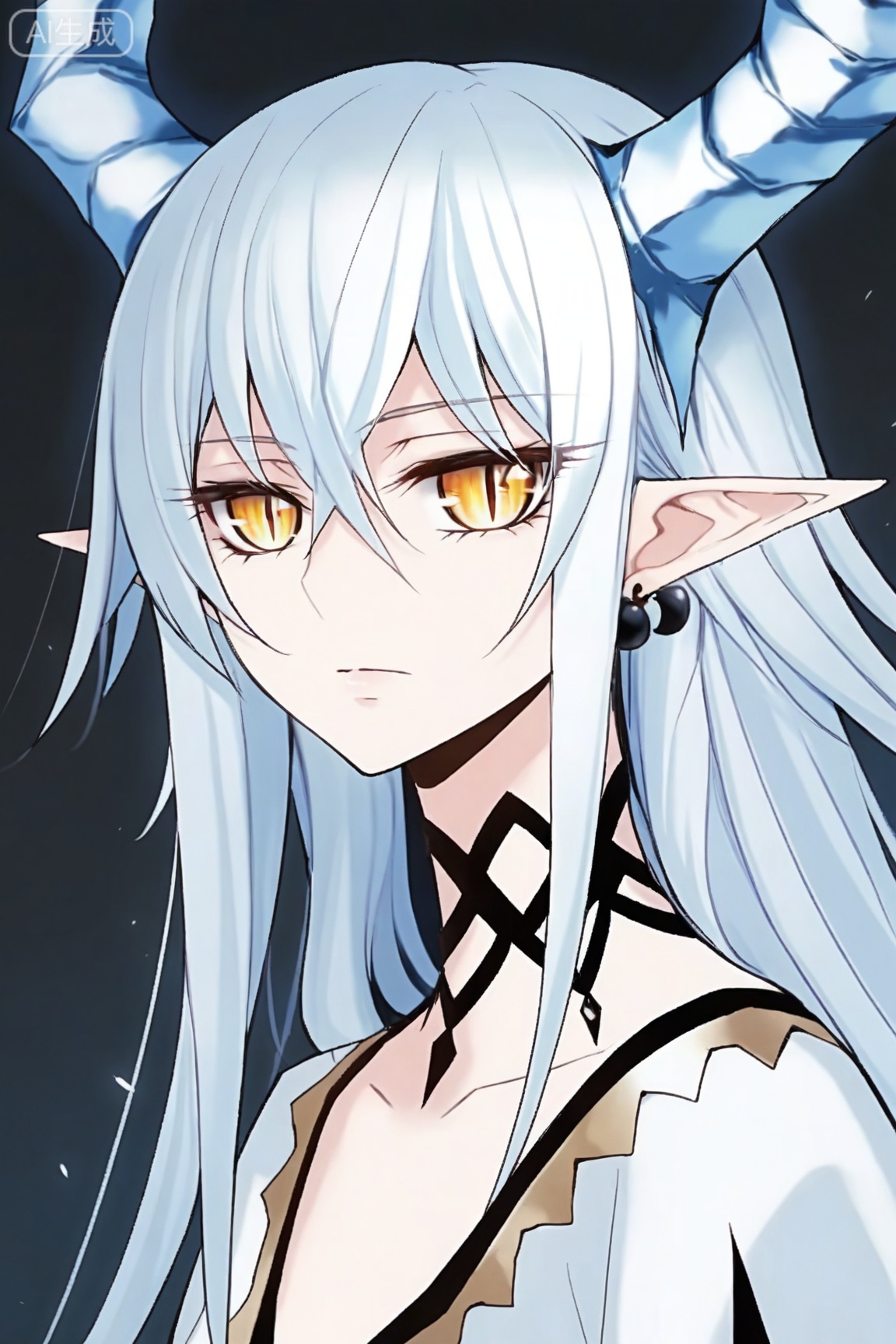 1girl, solo, long hair, looking at viewer, hair between eyes, jewelry, closed mouth, blue hair, yellow eyes, white hair, earrings, horns, choker, pointy ears, expressionless, slit pupils, portrait,
masterpiece,best quality,amazing quality,very aesthetic,ultra-detailed,high resolution,8k,