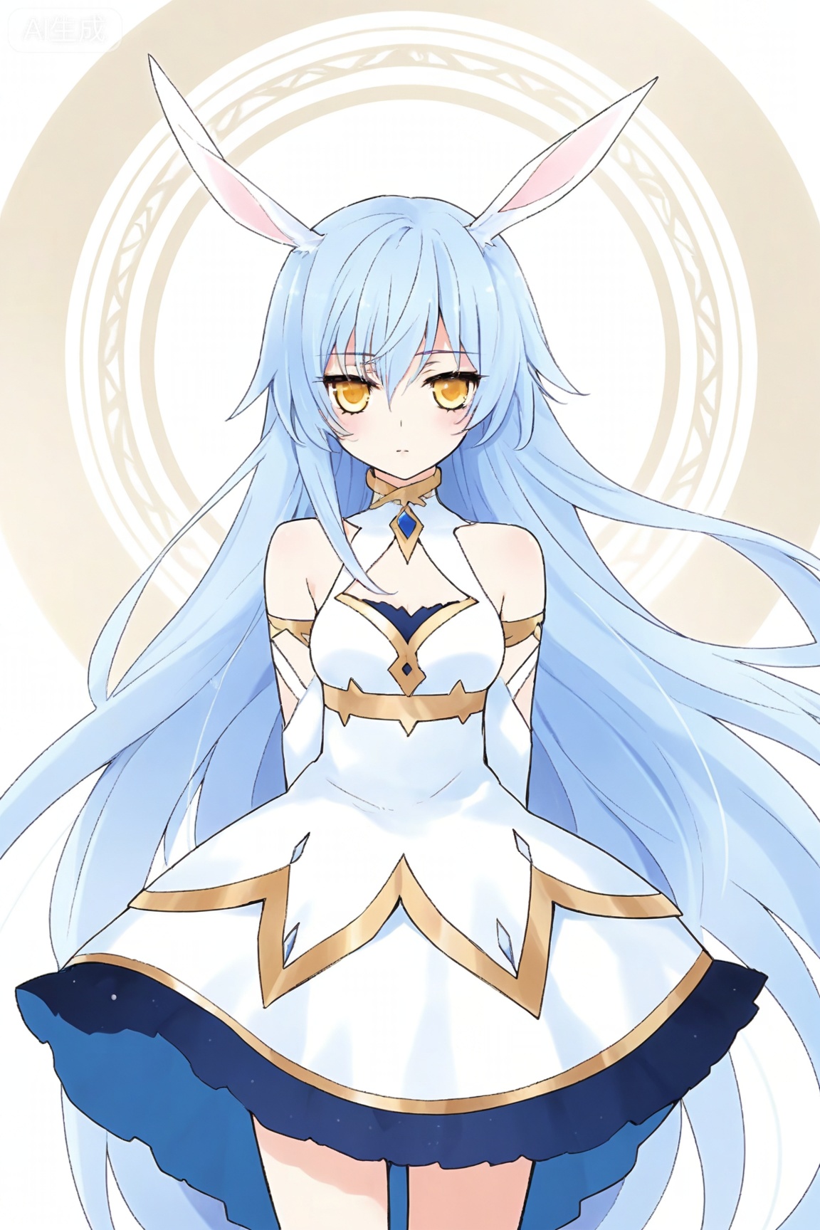 1girl, solo, long hair, dress, animal ears, bare shoulders, very long hair, blue hair, yellow eyes, detached sleeves, 
masterpiece,best quality,amazing quality,very aesthetic,ultra-detailed,high resolution,8k,