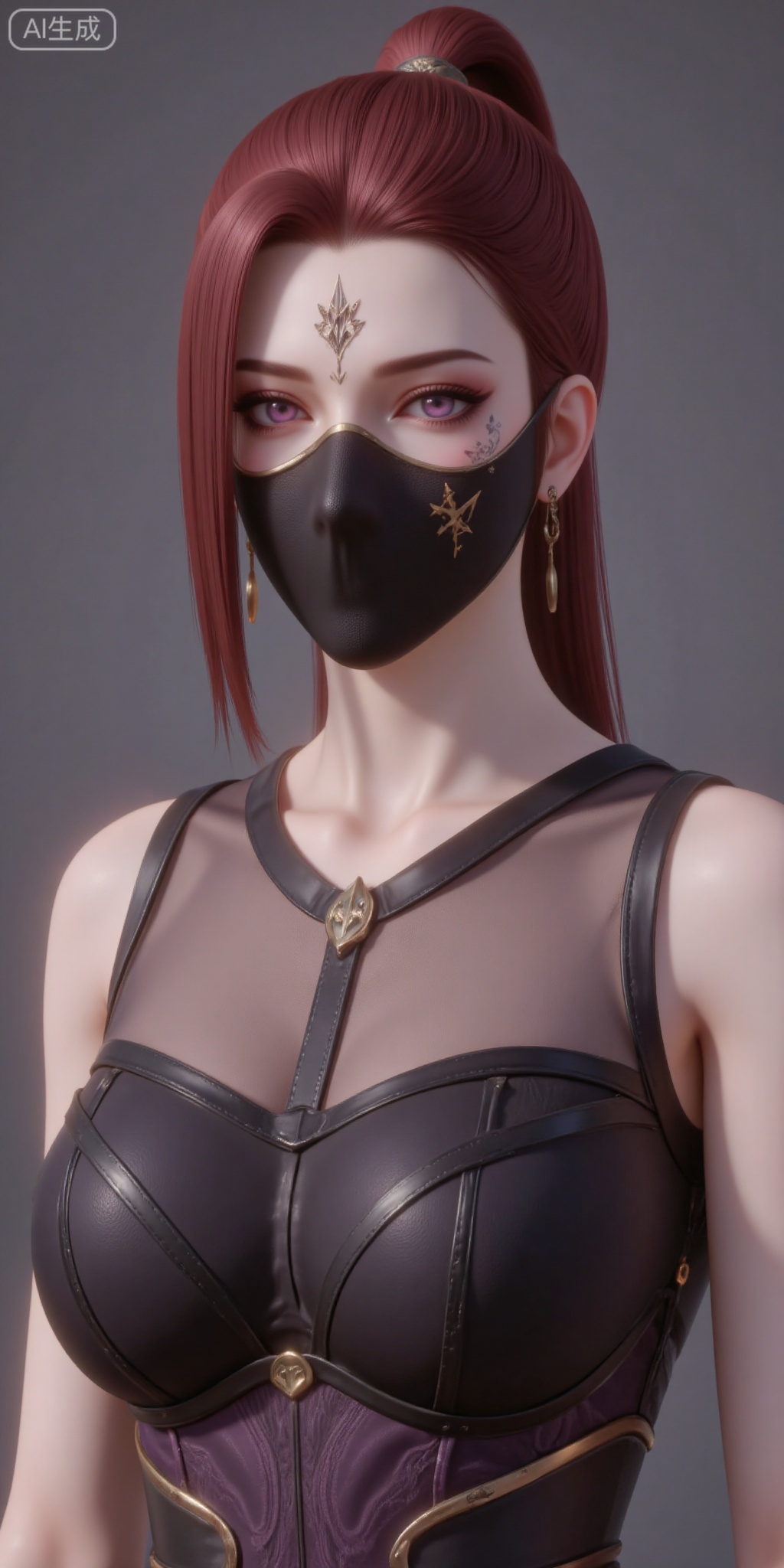 1girl, solo, breasts, looking at viewer, brown hair, dress, bare shoulders, medium breasts, purple eyes, upper body, ponytail, red hair, sleeveless, see-through, tattoo, mask, facial mark, forehead mark, mouth mask, mouth veil