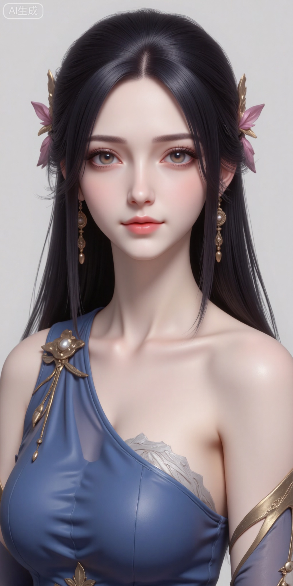 1girl, solo, long hair, breasts, looking at viewer, black hair, hair ornament, dress, bare shoulders, jewelry, closed mouth, upper body, earrings, blue dress