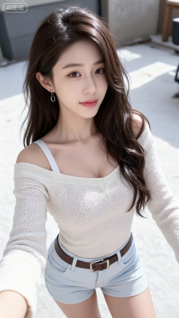 1 girl, thigh strap, belt, single, (Virgin sweater: 1.2), clear eyes, collarbone, brown hair, long hair, smile, shoulders, shorts,  (snow), snow, (outdoor),(standing), huge chest, 