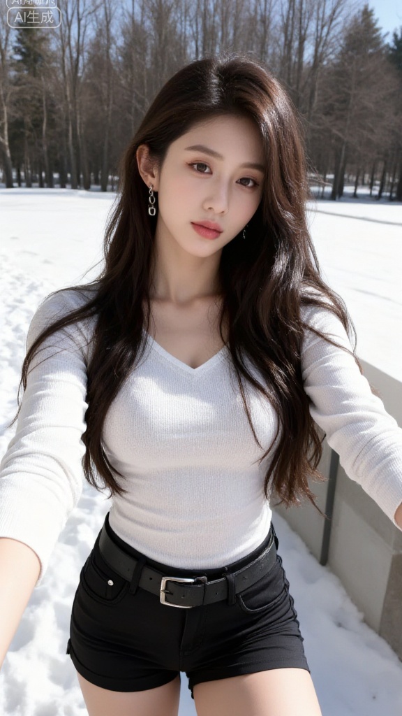 1 girl, thigh strap, belt, single, (Virgin sweater: 1.2), clear eyes, collarbone, brown hair, long hair, smile, shoulders, shorts,  (snow), snow, (outdoor),(standing), huge chest, 
