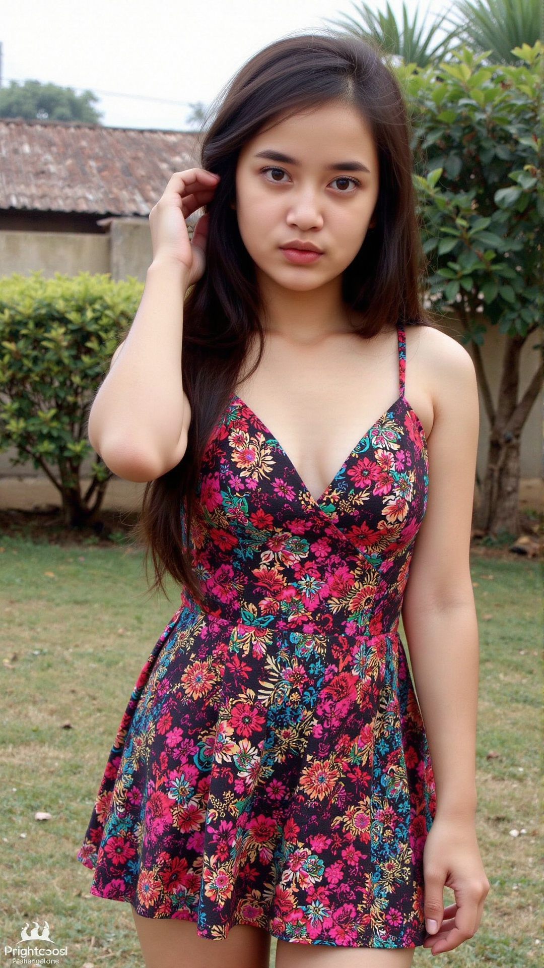 a seductive **** indonesian girl wearing seductive sensual sexy bright slutty micro dress with deep cleavage. She is posin...