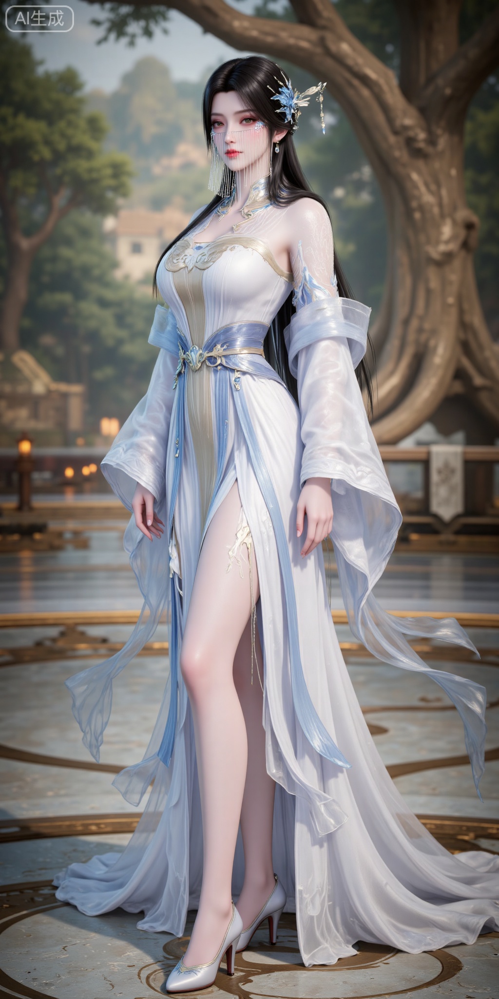 1girl, black hair, long hair, dress, solo, hair ornament, white dress, forehead mark, full body, hair bun, facial mark, chinese clothes, jewelry, long sleeves, closed mouth,veil
lvjing,pifu,guanghuapifu,
blurry_background,tree,flowes,jianma,lanxian