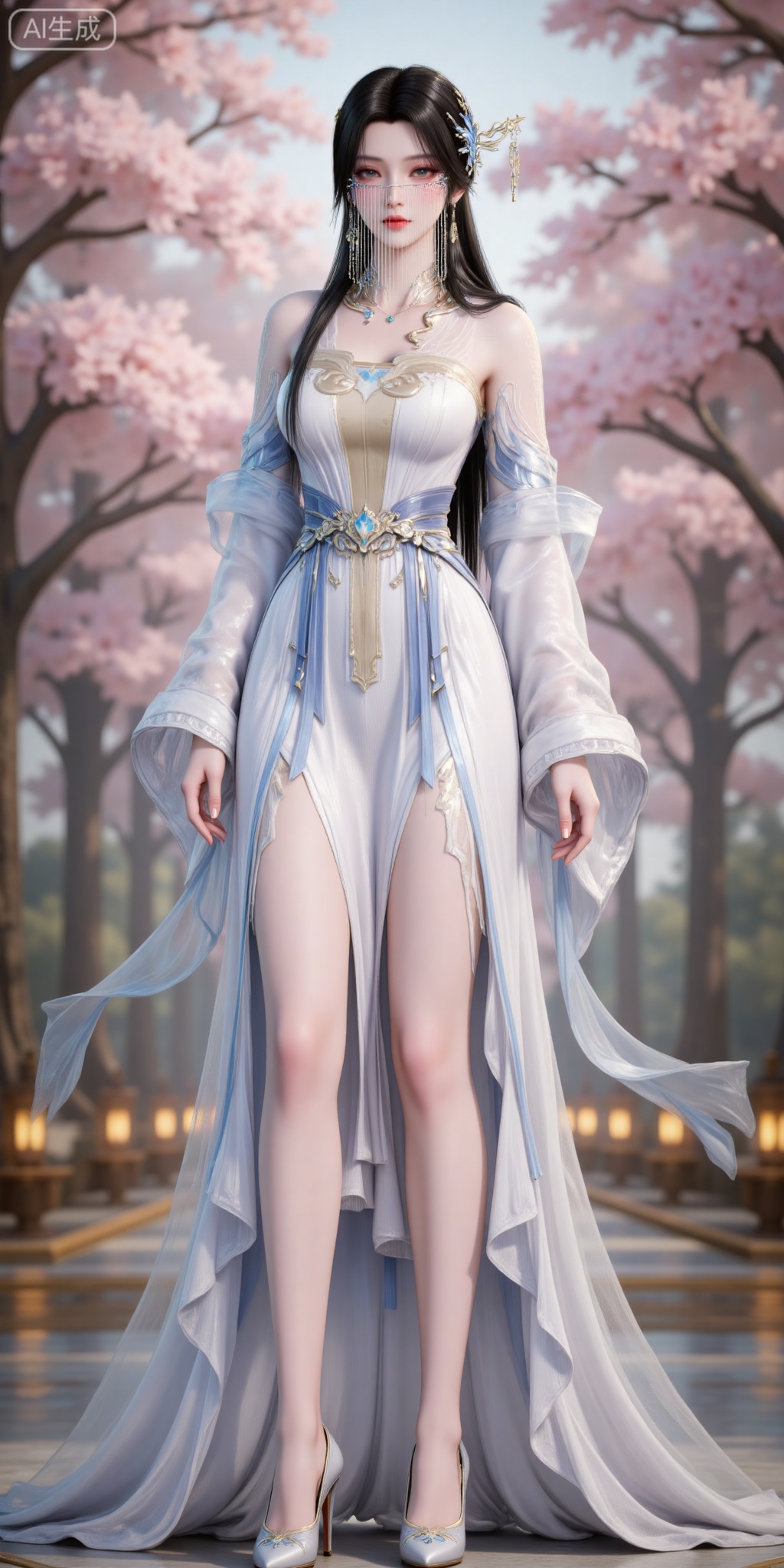 1girl,hair ornament,long hair,dress,white dress,blurry background,necklace,solo,jewelry,bare shoulders,blurry,black hair,veil,parted lips,grey eyes,,looking_at_viewer,day,legs,long legs,high heels, standing,
lvjing,pifu,guanghuapifu,
blurry_background,tree,flowes,jianma,anmiaoyi