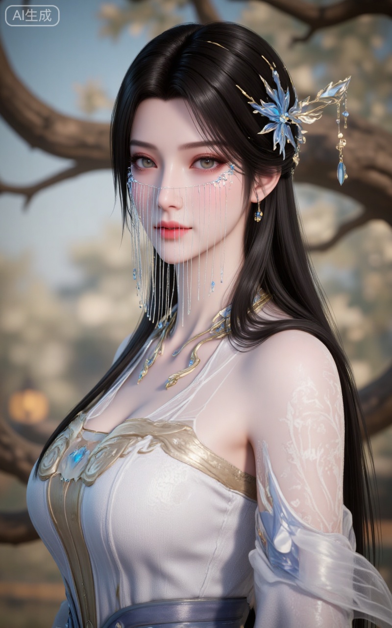 1girl,hair ornament,long hair,dress,white dress,blurry background,upper body,necklace,solo,jewelry,bare shoulders,blurry,black hair,veil,parted lips,grey eyes,,looking_at_viewer,day,
lvjing,pifu,guanghuapifu,(from_side:1.2),
blurry_background,tree,flowes,jianma,lanxian