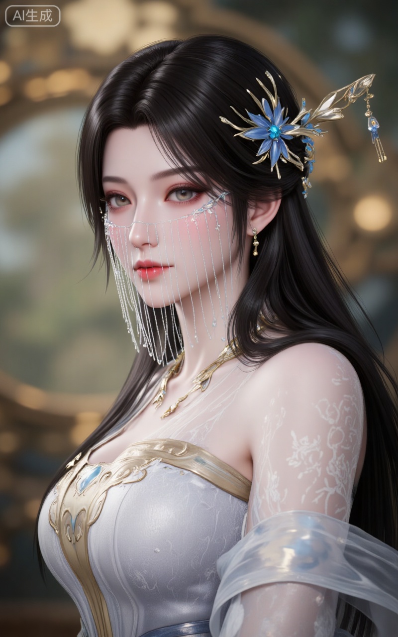 1girl,hair ornament,long hair,dress,white dress,blurry background,upper body,necklace,solo,jewelry,bare shoulders,blurry,black hair,veil,parted lips,grey eyes,,looking_at_viewer,day,
lvjing,pifu,guanghuapifu,(from_side:1.2),
blurry_background,tree,flowes,jianma,lanxian