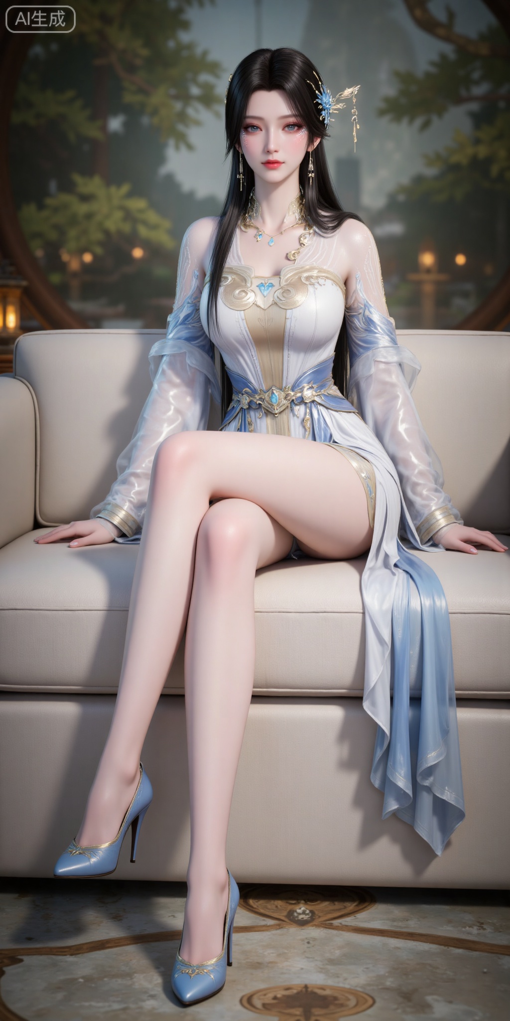 1girl, solo, sitting, white dress, bare legs, high heels, dress, jewelry, hair ornament, crossed legs, long hair, full body, couch, necklace, black hair, legs, earrings, looking at viewer, long sleeves, blue eyes,
lvjing,pifu,guanghuapifu,
blurry_background,tree,flowes,jianma,lanxian