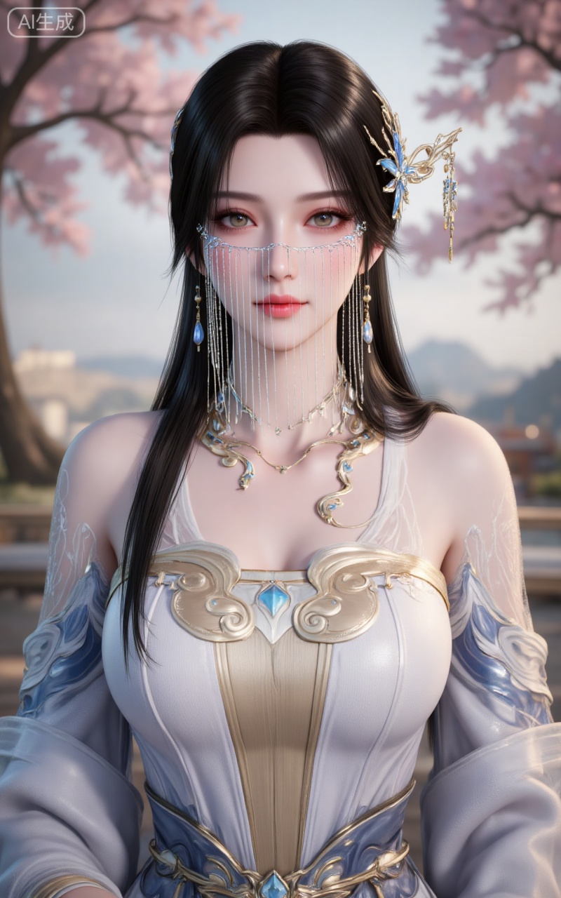 1girl,hair ornament,long hair,dress,white dress,blurry background,upper body,necklace,solo,jewelry,bare shoulders,blurry,black hair,veil,parted lips,grey eyes,,looking_at_viewer,day,
lvjing,pifu,guanghuapifu,
blurry_background,tree,flowes,jianma,lanxian