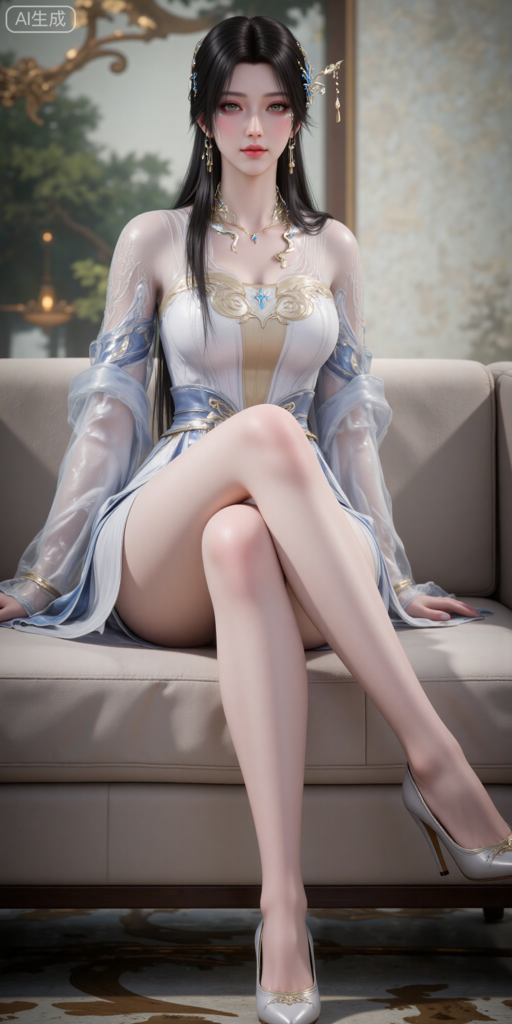 1girl, solo, sitting, white dress, bare legs, high heels, dress, jewelry, hair ornament, crossed legs, long hair, full body, couch, necklace, black hair, legs, earrings, looking at viewer, long sleeves, blue eyes,
lvjing,pifu,guanghuapifu,(from_side:1.2),
blurry_background,tree,flowes,jianma,lanxian