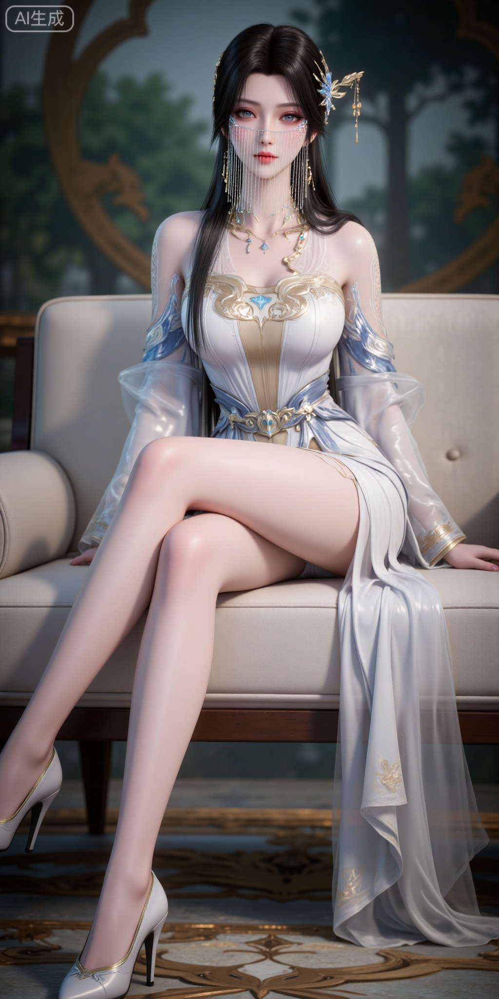 1girl, solo, sitting, dress, high heels, white dress, hair ornament, black hair, long hair,  bare legs, jewelry, full body, crossed legs, white footwear, veil, necklace, couch, looking at viewer, earrings, hair bun, bare shoulders, long sleeves, blue eyes, detached sleeves,
lvjing,pifu,guanghuapifu,
blurry_background,tree,flowes,jianma,lanxian