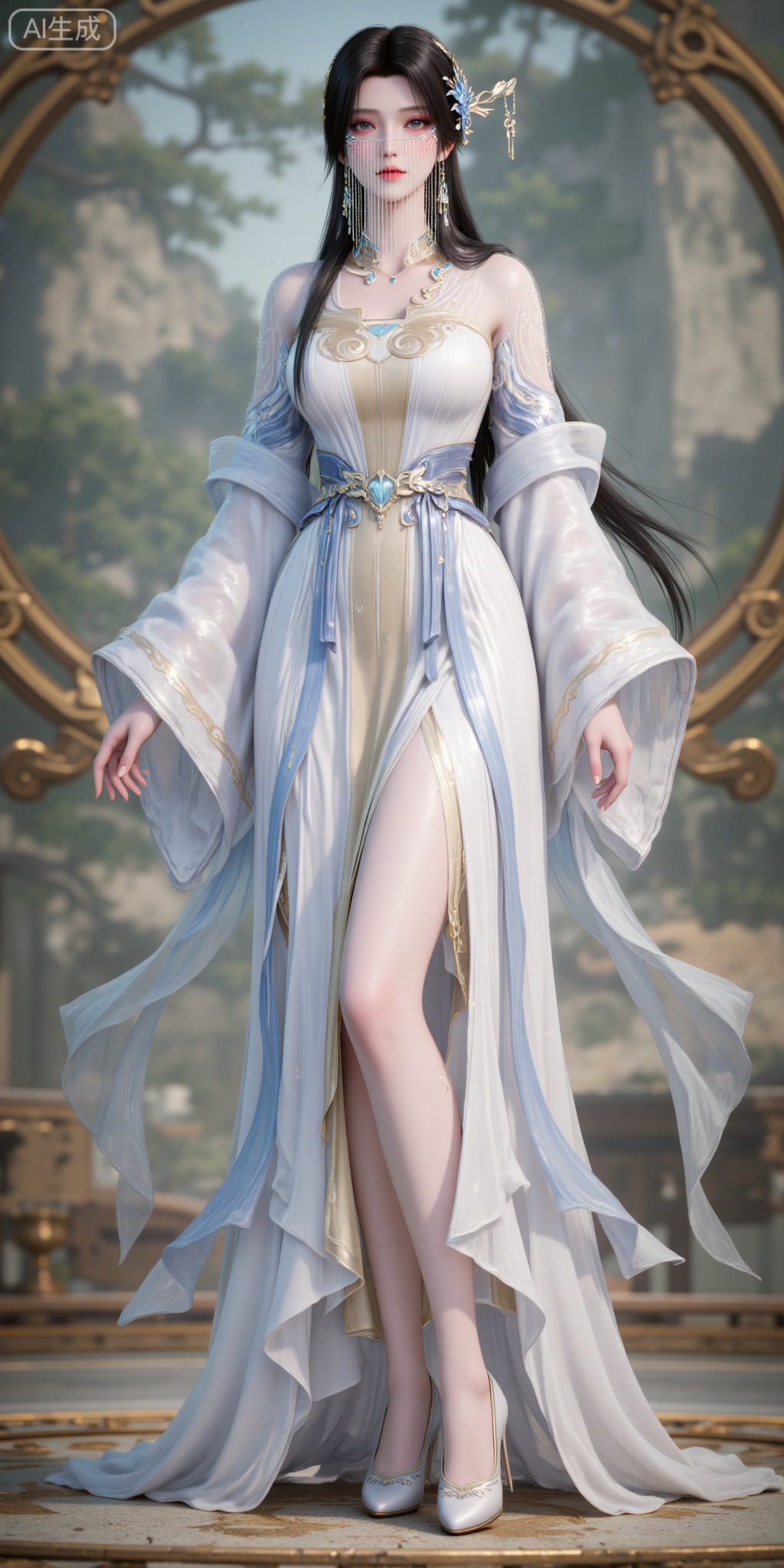 1girl, black hair, long hair, dress, solo, hair ornament, white dress, forehead mark, full body, hair bun, facial mark, chinese clothes, jewelry, long sleeves, closed mouth,veil
lvjing,pifu,guanghuapifu,
blurry_background,tree,flowes,jianma,lanxian