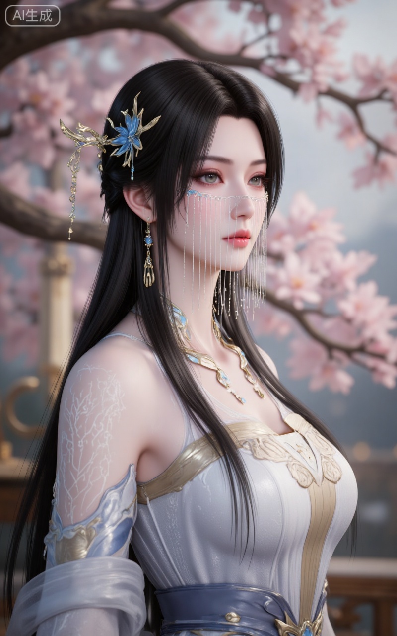 1girl,hair ornament,long hair,dress,white dress,blurry background,upper body,necklace,solo,jewelry,bare shoulders,blurry,black hair,veil,parted lips,grey eyes,,looking_at_viewer,day,
lvjing,pifu,guanghuapifu,(from_side:1.2),
blurry_background,tree,flowes,jianma,lanxian