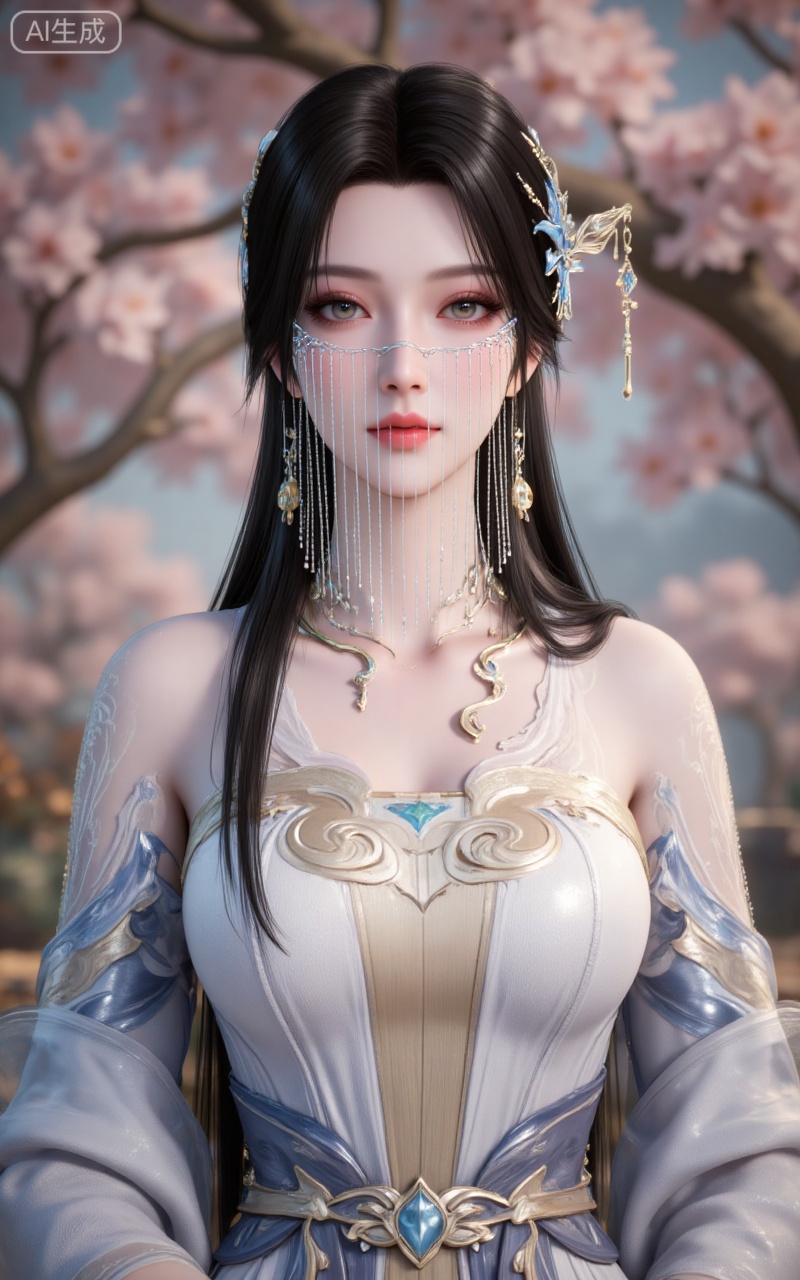 1girl,hair ornament,long hair,dress,white dress,blurry background,upper body,necklace,solo,jewelry,bare shoulders,blurry,black hair,veil,parted lips,grey eyes,,looking_at_viewer,day,
lvjing,pifu,guanghuapifu,
blurry_background,tree,flowes,jianma,lanxian