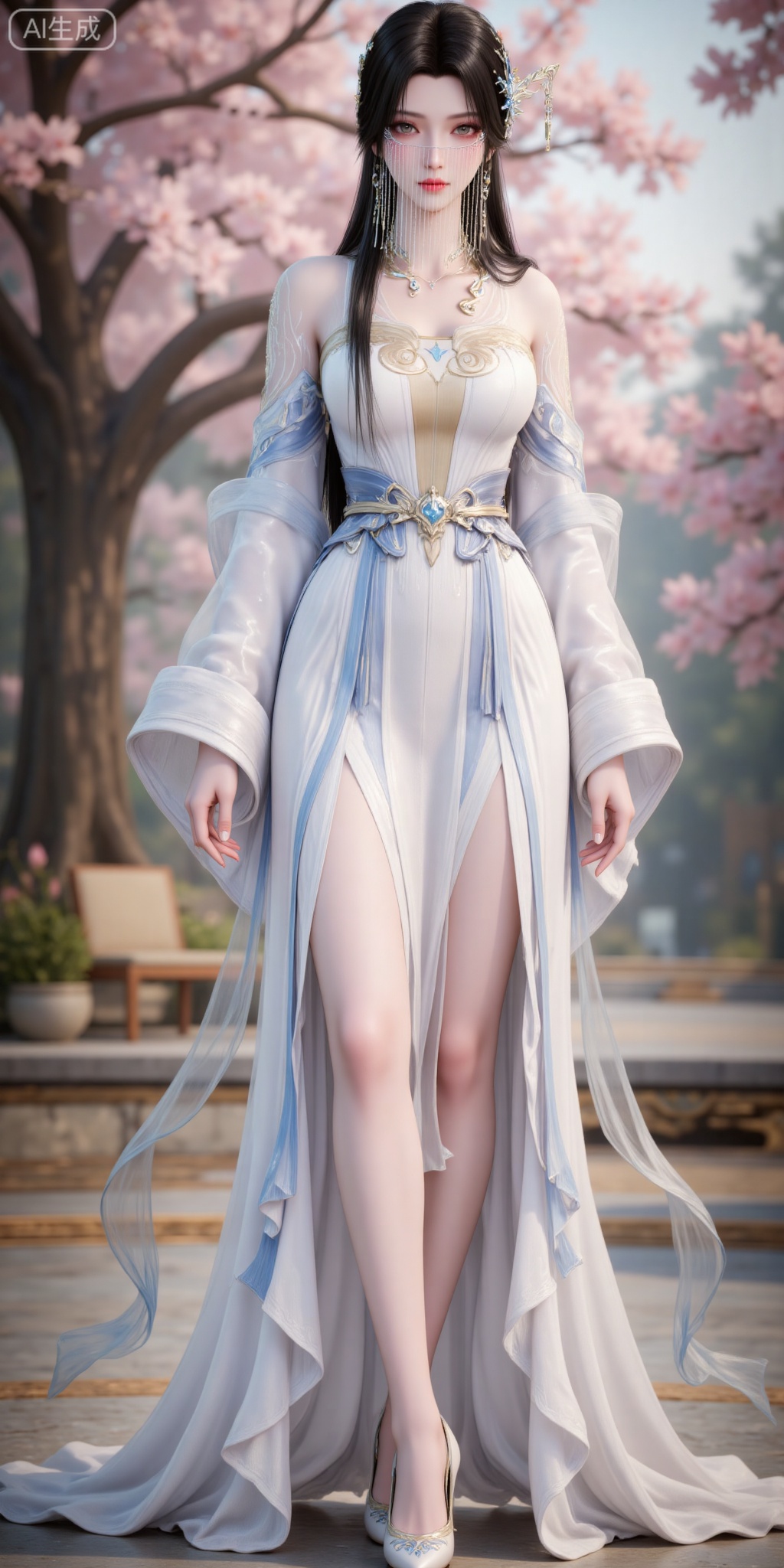 1girl,hair ornament,long hair,dress,white dress,blurry background,necklace,solo,jewelry,bare shoulders,blurry,black hair,veil,parted lips,grey eyes,,looking_at_viewer,day,legs,long legs,high heels, standing,
lvjing,pifu,guanghuapifu,
blurry_background,tree,flowes,jianma,anmiaoyi