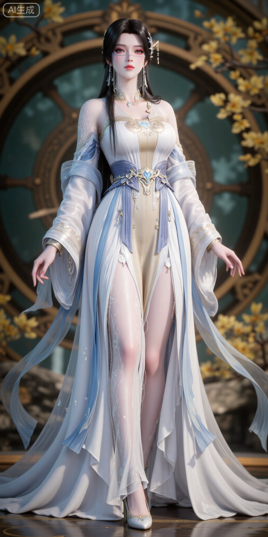 1girl, black hair, long hair, dress, solo, hair ornament, white dress, forehead mark, full body, hair bun, facial mark, chinese clothes, jewelry, long sleeves, closed mouth,veil
lvjing,pifu,guanghuapifu,
blurry_background,tree,flowes,jianma,lanxian