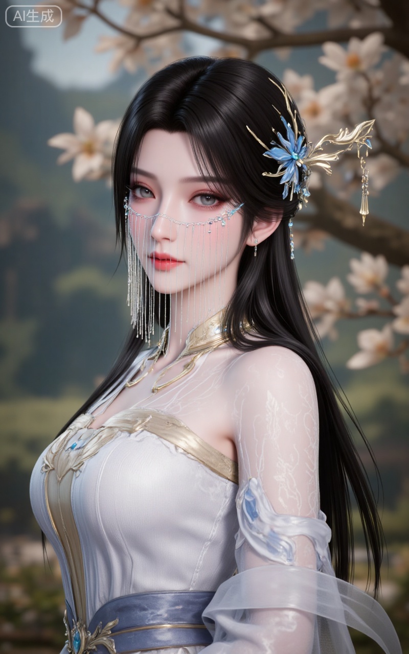 1girl,hair ornament,long hair,dress,white dress,blurry background,upper body,necklace,solo,jewelry,bare shoulders,blurry,black hair,veil,parted lips,grey eyes,,looking_at_viewer,day,
lvjing,pifu,guanghuapifu,(from_side:1.2),
blurry_background,tree,flowes,jianma,lanxian