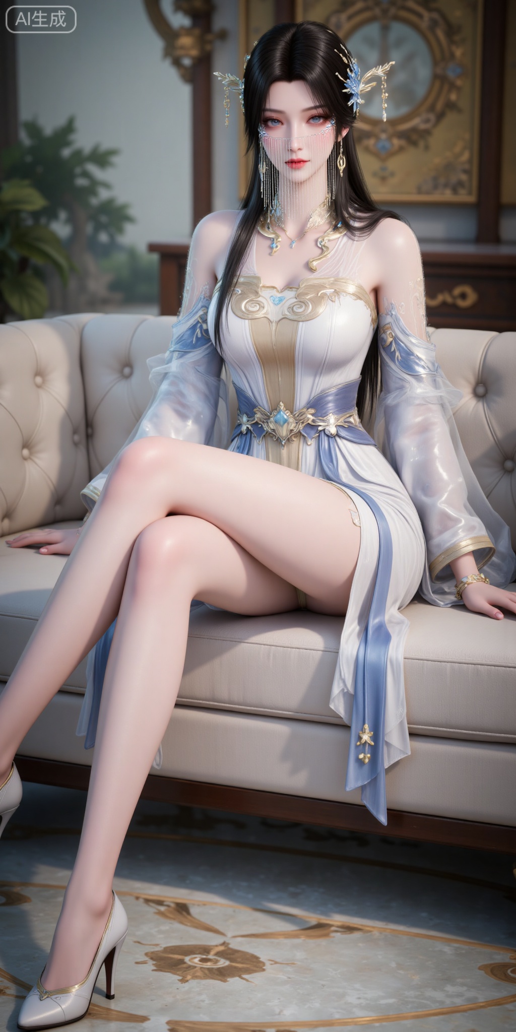 1girl, solo, sitting, dress, high heels, white dress, hair ornament, black hair, long hair,  bare legs, jewelry, full body, crossed legs, white footwear, veil, necklace, couch, looking at viewer, earrings, hair bun, bare shoulders, long sleeves, blue eyes, detached sleeves,
lvjing,pifu,guanghuapifu,
blurry_background,tree,flowes,jianma,lanxian