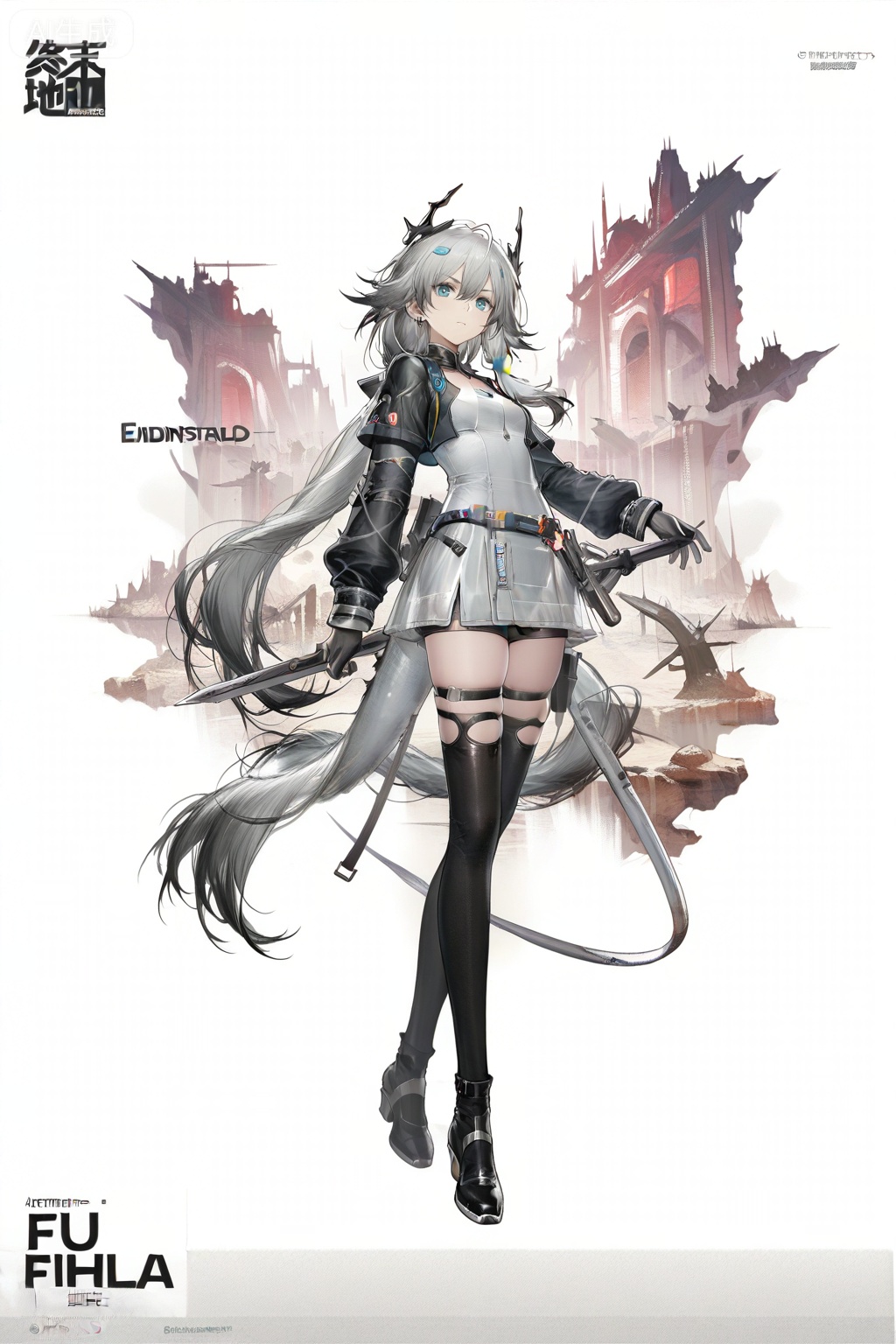 masterpiece, best quality,solo,((white background:1.2)),simple background,, 
looking at viewer,game_cg_style,arknights_endfield_style,official alternate costume,chinese text,copyright name,character name,logo,pose
fu hua