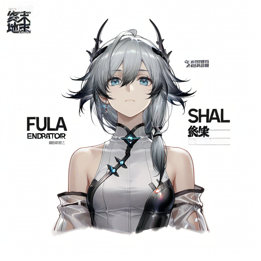 masterpiece, best quality,solo,((white background:1.2)),simple background,, 
looking at viewer,game_cg_style,arknights_endfield_style,official alternate costume,chinese text,copyright name,character name,logo,pose
fu hua