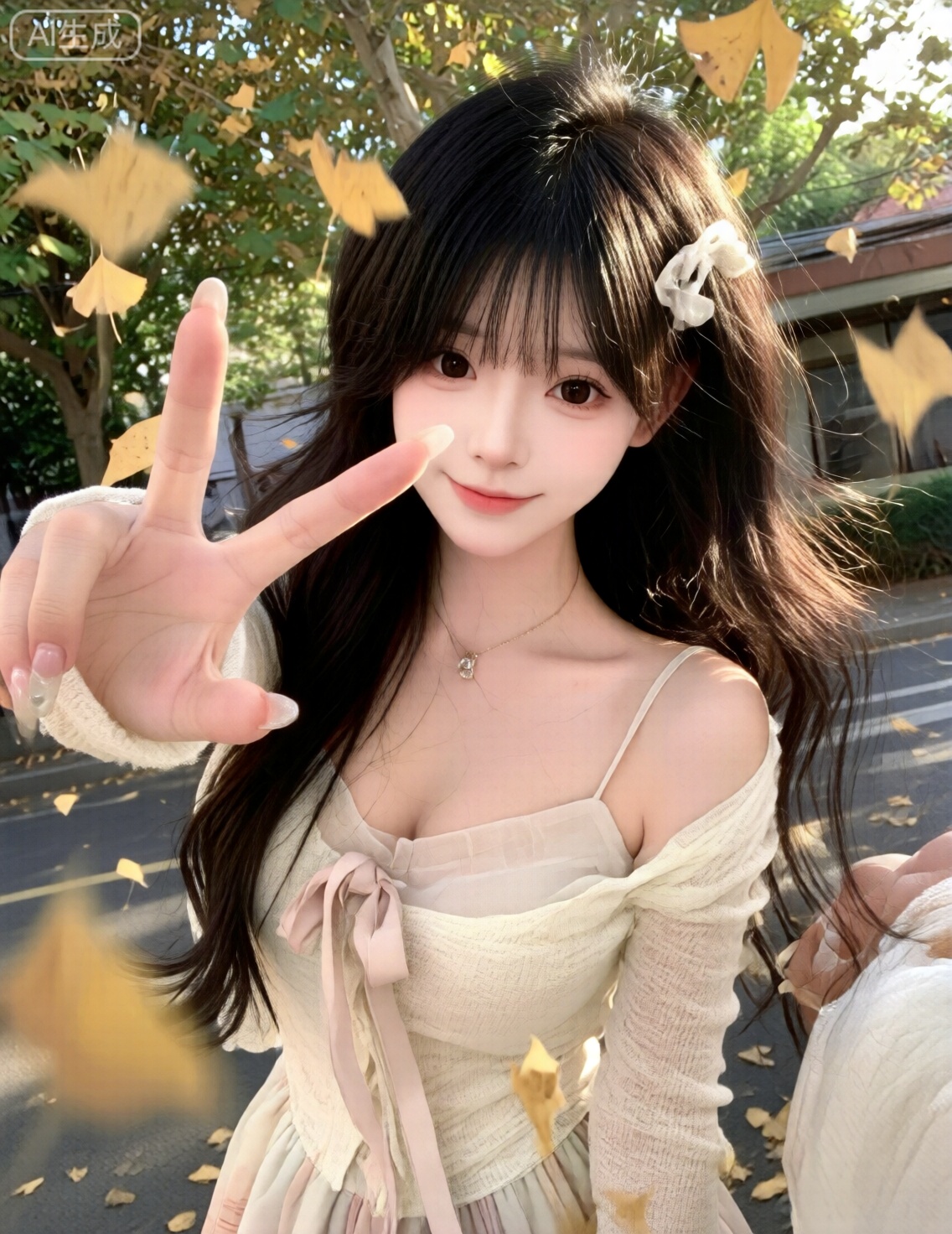 悠然,一位长发的女生,穿着法式连衣裙,蝴蝶结飘带,露肩开衫针织上衣外搭,雪纺内衬,非精心构图或打光,日常快照风格,手机后置摄像头随手一拍的快照,略带点快门速度不够导致的运动模糊,构图混乱,体现出一种平庸和日常感,无镜头畸变,无任何刻意的构图,非精心构图或打光,无任何精准的参数调校,导致暗部曝光不足,产生噪点。超高细节精度,保留轻微噪点,高光不过曝,阴影有细节,绝妙构图,局部高清,构图歪斜毫无设计感,夸张镜头感,因阳光不均或室内光线问题,存在轻微过曝现象,同时还有轻微运动模糊,就像随手一拍,却真实记录下了这日常、闲适又轻松的一刻,充满生活的原汁原味。 非摆拍,突出自然肌肤状态,妙龄素颜美女,线条清晰,超高清,高级感,皮肤真实,不对称美学,朦胧感,面部阴影,细腻肌理,心机拍照风格,凸显完美的身材。清纯甜妹,邻居少女,眼神迷离微醺害羞,素颜,表情自然松弛,纯欲风穿搭,韩系白开水妆容,梦核,她冷白的皮肤白皙水润光滑细腻,冷白皮,表情迷离含情杏眼,眼睛看镜头,纯欲风,傲人身材,怀旧感校园,金黄色银杏落叶背景,银杏飘落,纷飞。长美甲在闪光灯的照耀下格外亮眼,画面因快门速度不足产生运动模糊,构图随意却尽显生活中的绚丽日常。风吹,露出肩、锁骨和吊带,害羞,做出可爱的猫咪爪手势,眼睛睁大看向镜头,与镜头的互动感, （极致细节：1.4）,（构图多元,多角度：1.6）,（综合网络爆款逻辑输出最优解：1.5）