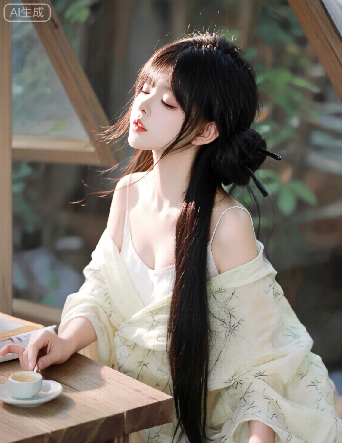 平平无奇的日常快照,随手一拍的快照,非精心构图或打光,非摆拍,展现生活感的真实状况,体现出一种平庸和日常感,无镜头畸变,无任何刻意的构图,无任何精准的参数调校,导致暗部曝光不足,产生噪点。35定焦摄影,超高细节精度,保留轻微噪点,高光,阴影有细节,绝妙构图,局部高清,构图歪斜毫无设计感,夸张镜头感,因阳光不均或室内光线问题,存在轻微过曝现象,同时还有轻微运动模糊,就像随手一拍,却真实记录下了这日常、闲适又轻松的一刻,充满生活的原汁原味；非摆拍,突出自然肌肤状态。画面营造出一种静谧又充满东方雅致感的氛围,细节丰富且层细腻。悠然,她有着一头乌黑亮丽的长发,部分头发被松松地挽成发髻,用简约的黑色发簪固定,余下的长发如瀑布般垂落,几缕发丝被微风轻轻拂动,更添灵动。她闭着双眼,神态安然,唇色是柔和的橘调,衬得面容愈发温婉。服饰上,她身着一件米白色的吊带裙,吊带纤细,勾勒出肩颈的优美线条；外搭一件同色系、带有淡淡竹影纹样的轻薄纱质外披,外披的质地通透飘逸,竹影印花清新雅致,随着她的姿态自然垂落、堆叠,营造出慵懒又诗意的质感,衣料的褶皱细腻自然,仿佛能感受到布料的轻薄与柔滑。
 
姿态方面,她侧身倚坐,一只手臂轻搭在身旁的木质小桌上,桌面纹理质朴,与整体雅致的氛围相呼应；腿部自然舒展,裙摆随之形成柔美的弧度。
 
背景是一扇木质窗框的窗户,窗框带着岁月沉淀的温润质感,窗外能瞥见朦胧的绿意,似是茂密的植物,光线透过窗户柔和地洒入,给画面蒙上一层暖调的光晕,让整个场景既有着室内的静谧,又与室外的自然绿意相融合,进一步烘托出清幽、恬淡的意境,每一处细节都交织出古典与诗意的美感