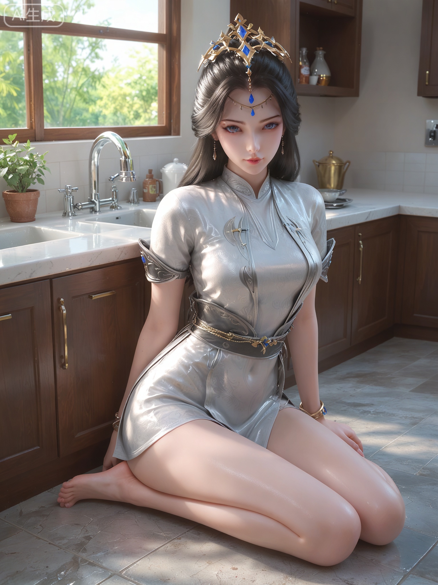 score_9,score_8_up,score_7_up,1girl,looking_at_viewer,realistic,photorealistic,1girl,solo,Vivid Colors,bright environment,shiny skin,shiny hairjewelry,detail eyes,Eyes highlights,extreme detail description,(full body:0.8),light,glowing,sunshine,bright,reflection,bright,sunshine on face,shiny,shinny,petite,thin,leg slimming,lose weight,slim hips,lakeside,delicate water,reflection,sitting_down,bracelet,chinese clothes,eyelashes,kitchen,black-hair,