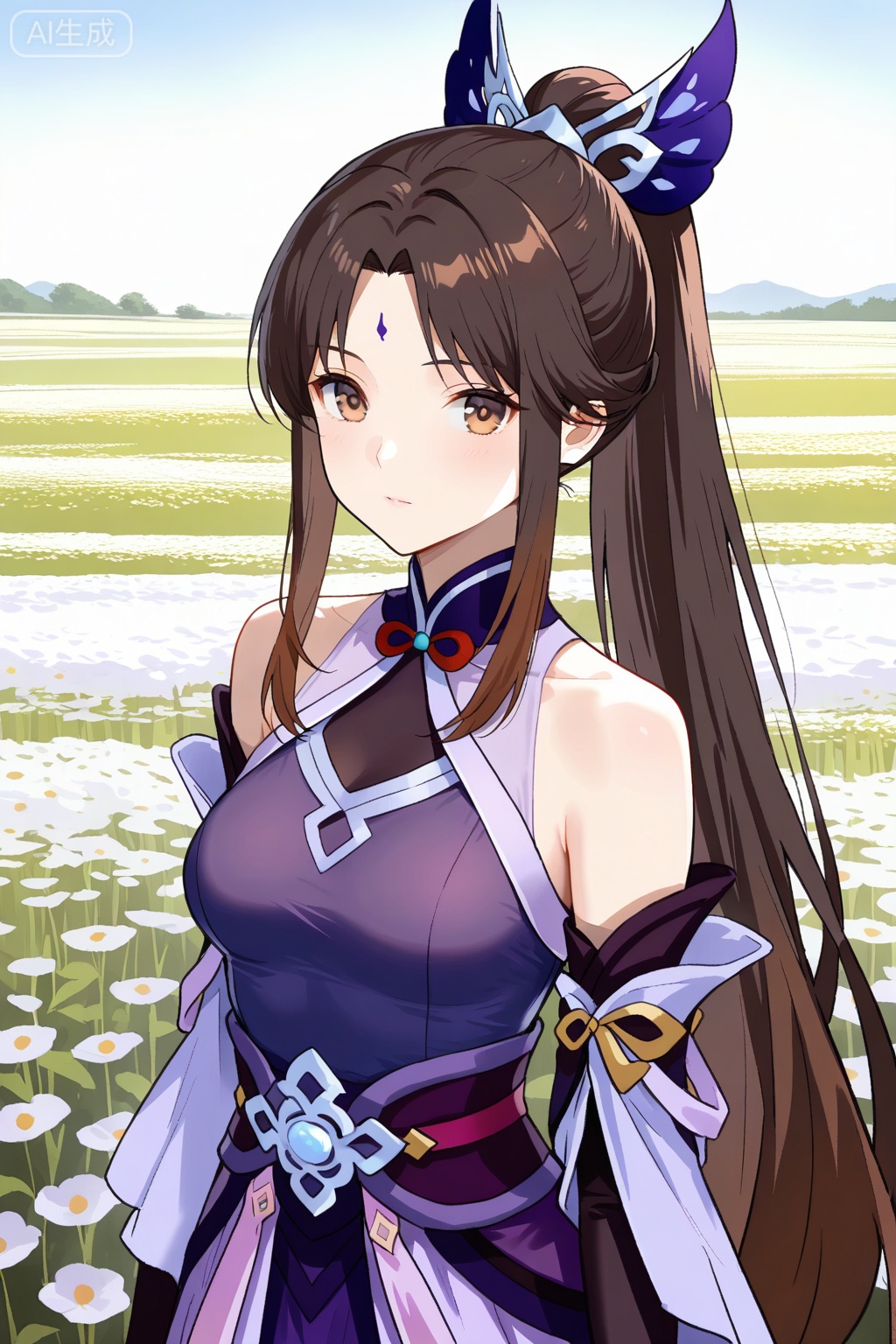 flower field,flower field,



upper body,looking at viewer,


夏凝裳,best quality,amazing quality,1girl, solo, black hair, brown hair, very long hair, ponytail, sidelocks, brown eyes, bangs, parted bangs,purple dress, purple skirt, hair ornament, forehead mark, gloves, elbow gloves, black gloves, bare shoulders, detached sleeves, long sleeves, sleeveless,