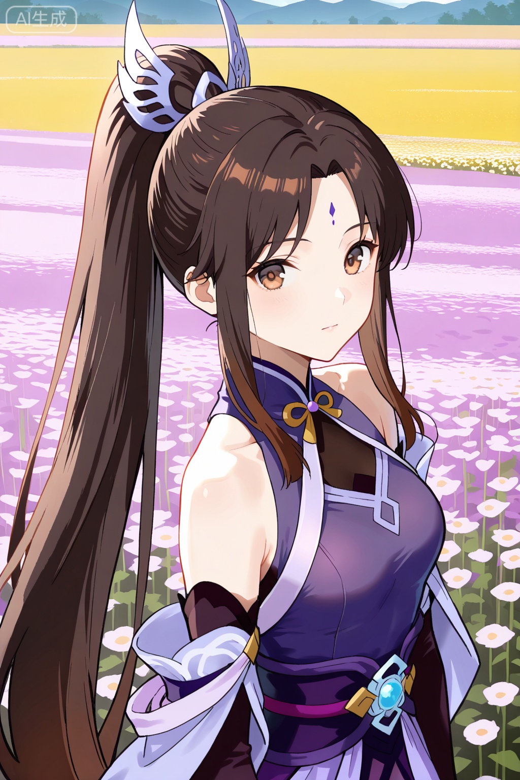 flower field,flower field,



upper body,looking at viewer,


夏凝裳,best quality,amazing quality,1girl, solo, black hair, brown hair, very long hair, ponytail, sidelocks, brown eyes, bangs, parted bangs,purple dress, purple skirt, hair ornament, forehead mark, gloves, elbow gloves, black gloves, bare shoulders, detached sleeves, long sleeves, sleeveless,