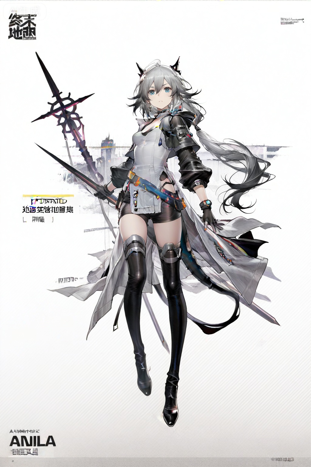 masterpiece, best quality,solo,((white background:1.2)),simple background,, 
looking at viewer,game_cg_style,arknights_endfield_style,official alternate costume,chinese text,copyright name,character name,logo,pose
fu hua