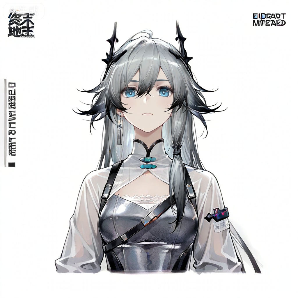 masterpiece, best quality,solo,((white background:1.2)),simple background,, 
looking at viewer,game_cg_style,arknights_endfield_style,official alternate costume,chinese text,copyright name,character name,logo,pose
fu hua