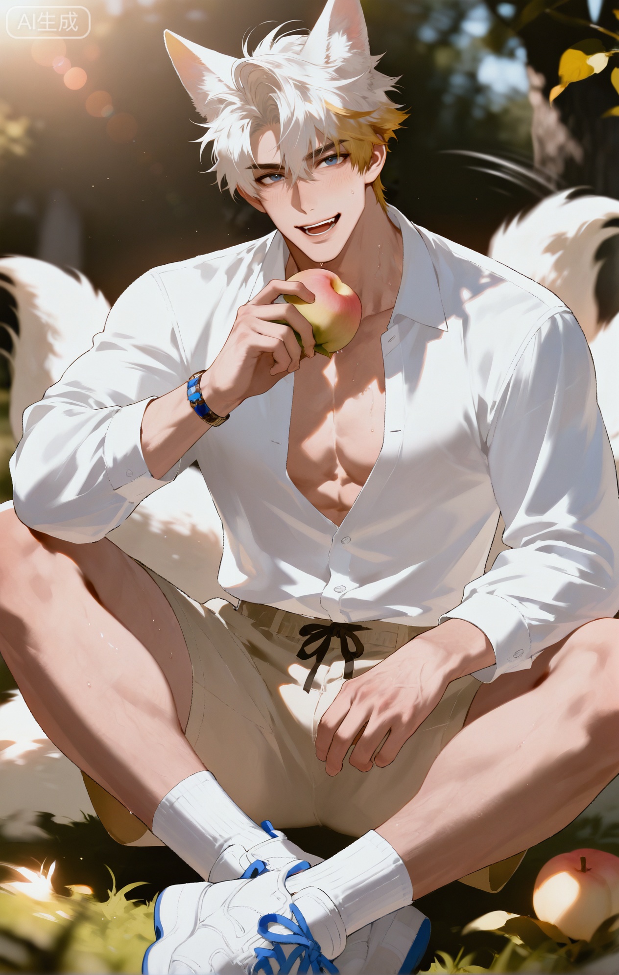 

(artist:mazjojo:0.83),(artist:pigeon666:0.67),(artist:zawar379:0.77),(artist:remsrar:0.65),(artist:yoneyama mai:0.74),(artist:chimmyming:0.72),masterpiece,4k,hd,HDR,amazing quality,best quality,high resolution,goldenfieldszho,newest,very aesthetic,ultra-detailed,absurdres,perfect lighting,volumetric lighting,(soft afternoon sunlight filtering through peach trees),shadowing,(good shadowing),depth of field,scenery,amazing aesthetics,cinematic lighting,cinematic,shading,(good shading),counter shading,subsurface scattering,intricate details,illustration,perfect hands,1boy,handsome,interesting,male focus,bara,sexy,solo,looking at viewer with a gentle smile,
(light blush from the sun:1.3),(laughing softly:1.2),
muscular male,abs,large pectorals,sweaty,
wearing (a loose, white linen shirt, partially unbuttoned:1.4), (khaki shorts:1.3), (gardening gloves:1.2), (white ankle socks:1.4),(nine fluffy white fox tails, wagging slightly:1.5),
(sitting on the grass in an orchard, holding a freshly picked ripe peach:1.5),(offering the peach to the viewer:1.3),
background: peach orchard,fallen leaves,baskets of peaches,backlit,dynamic pose,dynamic angle,detailed background,full body,bishounen,tall male,close-up,(soft color images:1.4),light particles,lens flare



Small note art style,,xiaozhitiao,yu xuan,multicolored hair,White dragon tail,White dragon horns,yellow eyes,white hair,blonde hair,1boy,bangs
,socks,white socks,dianmei