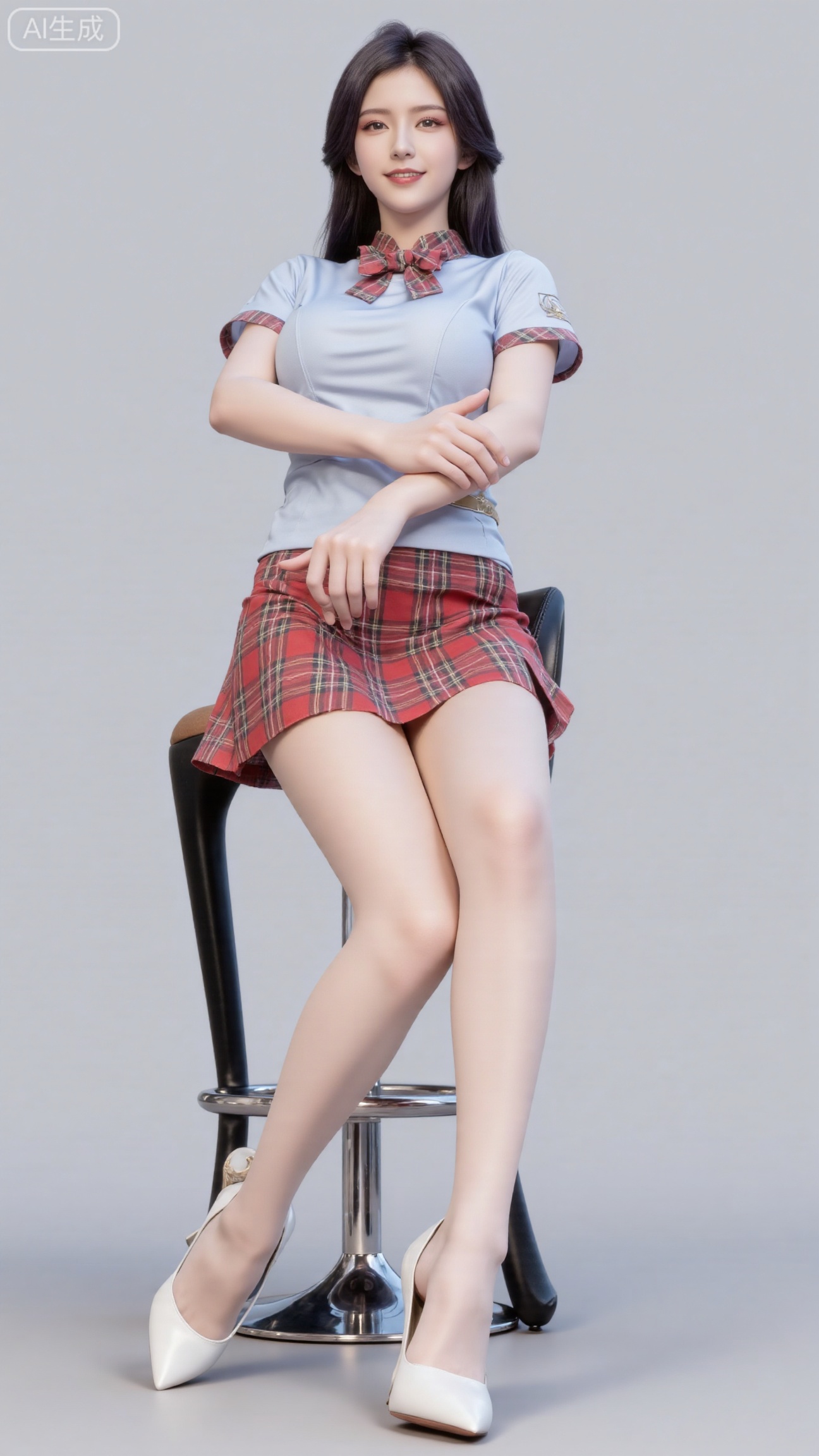 Xdachangtui, Ultra-realistic full-body portrait of a beautiful 20-year-old Asian girl with long black hair and a sweet smile. She is wearing a Japanese school uniform outfit, including a white short-sleeve shirt and a red plaid pleated mini skirt, paired with glossy white stockings and elegant white stiletto heels. She is sitting on a modern black bar stool, posing playfully with her arms crossed. The background is a clean, light gray studio backdrop. Soft studio lighting, clean and bright image, sharp focus, natural skin texture, 8K resolution, DSLR photo, hyper-detailed.,(huge breasts, full breasts:2.99),,,Xbigbreasts,XbaifengsongyuYH,XliuyuYH2,XanmyXM,XlanxianYH,XtianqiongYH,Xxiantainvzi,Xchangtui