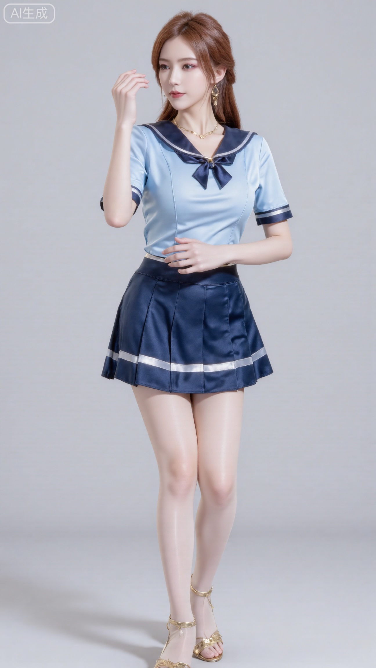 Xdachangtui, Commercial fashion photography style, full-body shot of a standing young Asian woman. She is dressed in a blue school uniform skirt and white stockings with gold high-heeled sandals, posing energetically. Shot on a Sony a7R IV with a 50mm f/1.8 lens, aperture set to f/8 for full-body sharpness, ISO 100. Studio setting with a ring flash or large butterfly lighting setup to create even, almost shadowless light. Emphasize natural skin glow instead of oiliness, the cotton texture of the clothing, and the sharp pleats of the skirt, with a subtle, realistic floor reflection under her feet..Xbigbreasts,XbaifengsongyuYH,XliuyuYH2,XanmyXM,XlanxianYH,XtianqiongYH,Xxiantainvzi,Xchangtui
