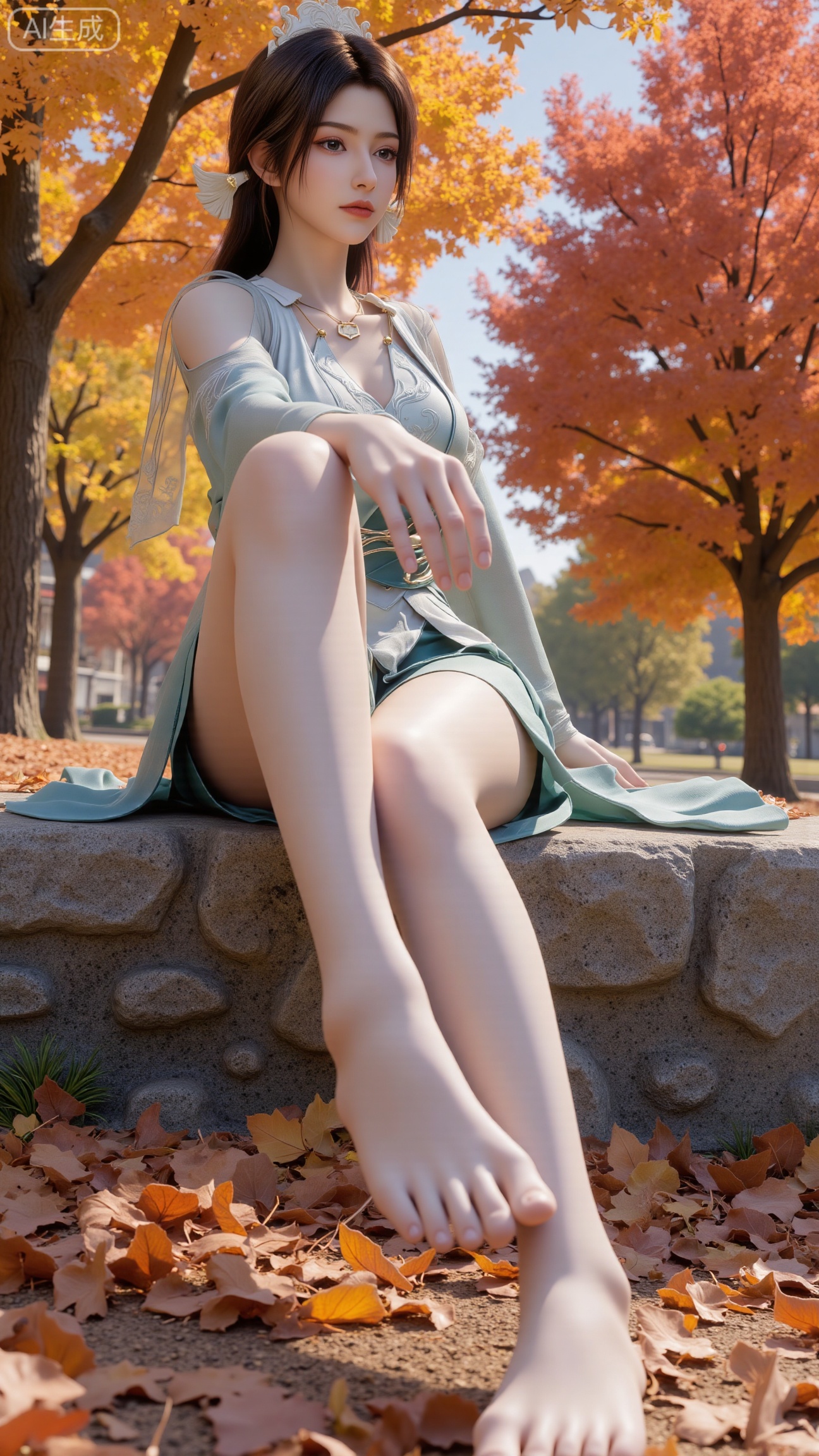 A beautiful woman seated on a stone, barefoot with a close - up of her feet. Taken from a low - angle perspective. Overall Concept: Create a visually stunning, aesthetically pleasing scene where the subject seamlessly blends with the natural environment, facing the viewer directly. The composition fully encompasses the character and the surrounding autumnal foliage, offering an expansive view. The character serves as the focal point, while the fallen leaves enhance the overall ambiance. Key elements include maple trees and fallen leaves. Perspective: The subject looks directly into the camera. Shot from a low - angle, upward perspective, this vantage point clearly showcases the spatial relationship between the character and the fallen leaves on the ground, providing a unique visual experience. Poses: Seated on the stone, one hand rests naturally on her leg, while the other relaxes by her side. Emphasize her delicate hands and fingers...Xbigbreasts,XbaifengsongyuYH,XliuyuYH2,XanmyXM,XlanxianYH,XtianqiongYH,Xxiantainvzi,Xchangtui