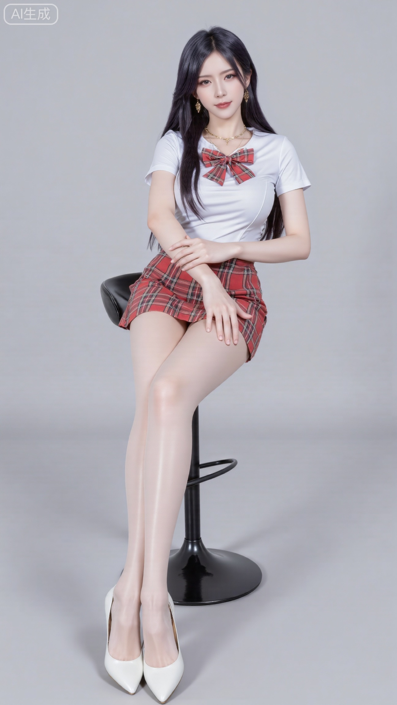 Xdachangtui, Ultra-realistic full-body portrait of a beautiful 20-year-old Asian girl with long black hair and a sweet smile. She is wearing a Japanese school uniform outfit, including a white short-sleeve shirt and a red plaid pleated mini skirt, paired with glossy white stockings and elegant white stiletto heels. She is sitting on a modern black bar stool, posing playfully with her arms crossed. The background is a clean, light gray studio backdrop. Soft studio lighting, clean and bright image, sharp focus, natural skin texture, 8K resolution, DSLR photo, hyper-detailed.,(huge breasts, full breasts:2.99),,,Xbigbreasts,XbaifengsongyuYH,XliuyuYH2,XanmyXM,XlanxianYH,XtianqiongYH,Xxiantainvzi,Xchangtui