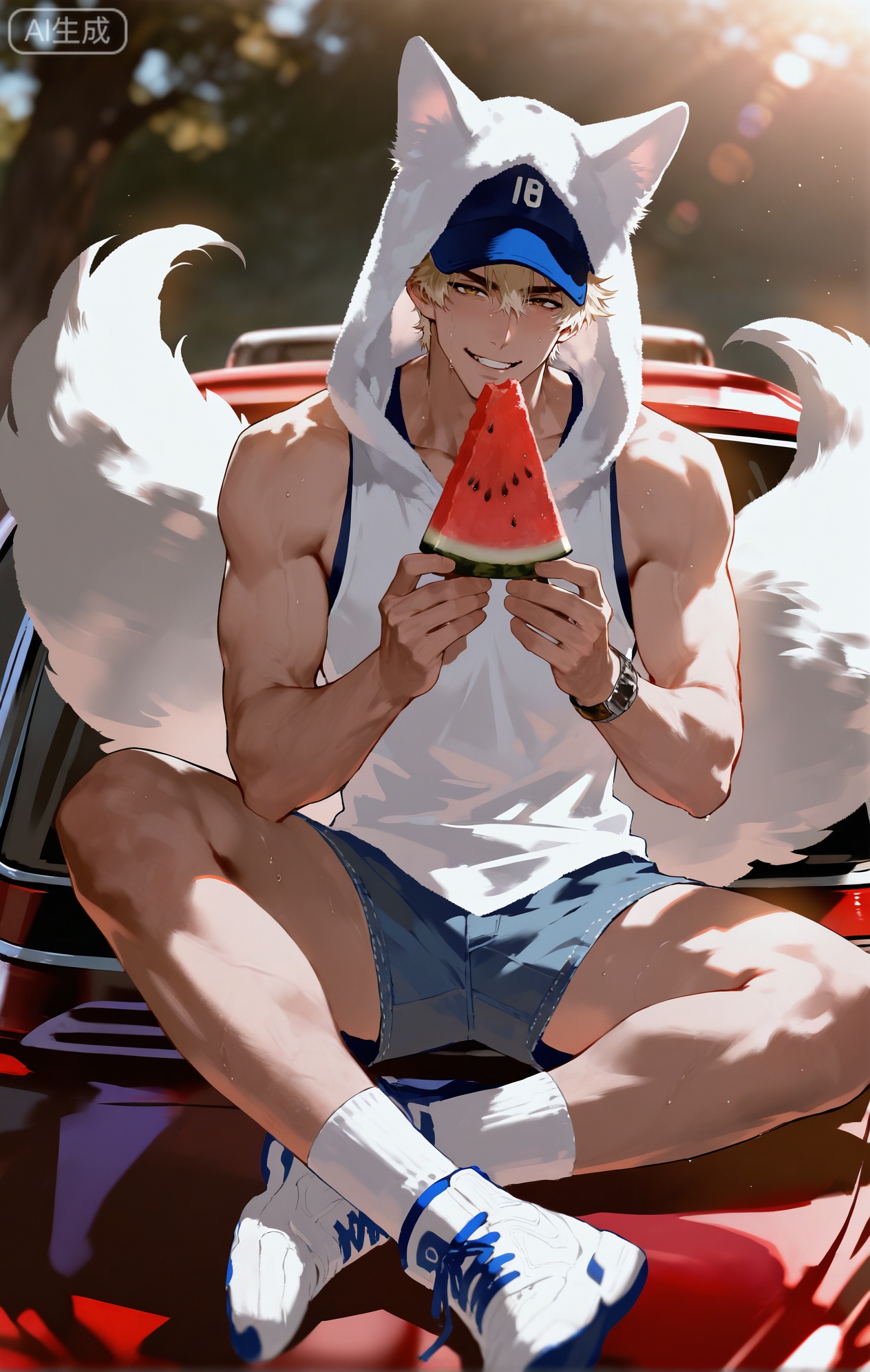 (artist:mazjojo:0.83),(artist:pigeon666:0.67),(artist:zawar379:0.77),(artist:remsrar:0.65),(artist:yoneyama mai:0.74),(artist:chimmyming:0.72),masterpiece,4k,hd,HDR,amazing quality,best quality,high resolution,goldenfieldszho,newest,very aesthetic,ultra-detailed,absurdres,perfect lighting,volumetric lighting,(bright, harsh sunlight of a summer day),shadowing,(good shadowing),depth of field,scenery,amazing aesthetics,cinematic lighting,cinematic,shading,(good shading),counter shading,subsurface scattering,intricate details,illustration,perfect hands,1boy,handsome,interesting,male focus,bara,sexy,solo,wiping sweat from his brow with his arm,
(a bright, energetic smile:1.4),(squinting slightly against the sun:1.2),
muscular male,abs,large pectorals,sweaty,
wearing (a white **** top:1.3), (denim shorts:1.4), (white ankle socks:1.4),(a baseball cap worn backwards:1.2),(nine fluffy white fox tails, spread out on the car hood:1.5),
(sitting on the hood of a vintage red car, holding a slice of watermelon:1.5),(taking a big bite of the watermelon:1.3),
background: a country road,sunflower field in the distance,backlit,dynamic pose,dynamic angle,detailed background,full body,bishounen,tall male,close-up,(soft color images:1.4),light particles,lens flare



Small note art style,,xiaozhitiao,yu xuan,multicolored hair,White dragon tail,White dragon horns,yellow eyes,white hair,blonde hair,1boy,bangs
,socks,white socks,dianmei