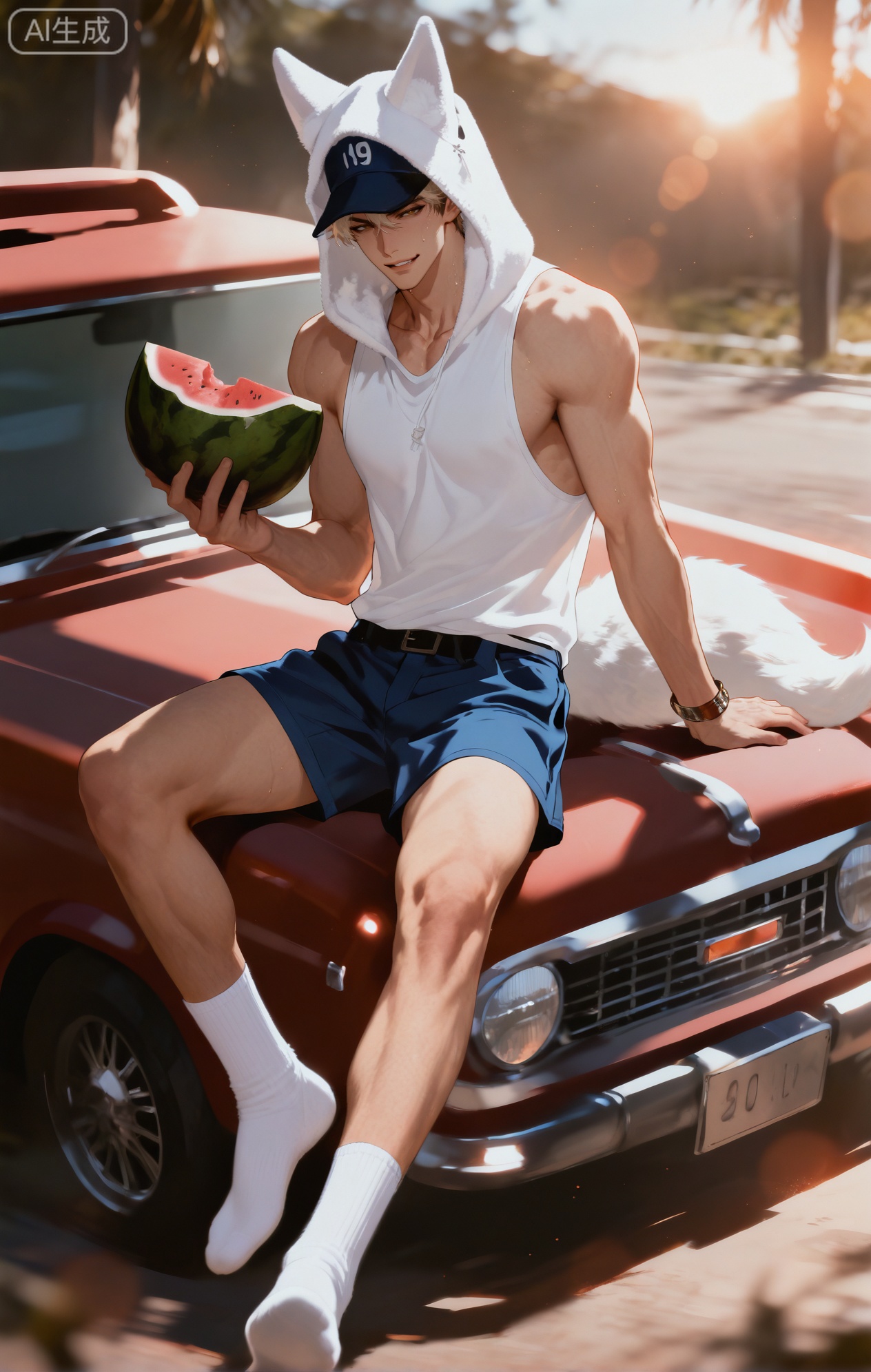 (artist:mazjojo:0.83),(artist:pigeon666:0.67),(artist:zawar379:0.77),(artist:remsrar:0.65),(artist:yoneyama mai:0.74),(artist:chimmyming:0.72),masterpiece,4k,hd,HDR,amazing quality,best quality,high resolution,goldenfieldszho,newest,very aesthetic,ultra-detailed,absurdres,perfect lighting,volumetric lighting,(bright, harsh sunlight of a summer day),shadowing,(good shadowing),depth of field,scenery,amazing aesthetics,cinematic lighting,cinematic,shading,(good shading),counter shading,subsurface scattering,intricate details,illustration,perfect hands,1boy,handsome,interesting,male focus,bara,sexy,solo,wiping sweat from his brow with his arm,
(a bright, energetic smile:1.4),(squinting slightly against the sun:1.2),
muscular male,abs,large pectorals,sweaty,
wearing (a white **** top:1.3), (denim shorts:1.4), (white ankle socks:1.4),(a baseball cap worn backwards:1.2),(nine fluffy white fox tails, spread out on the car hood:1.5),
(sitting on the hood of a vintage red car, holding a slice of watermelon:1.5),(taking a big bite of the watermelon:1.3),
background: a country road,sunflower field in the distance,backlit,dynamic pose,dynamic angle,detailed background,full body,bishounen,tall male,close-up,(soft color images:1.4),light particles,lens flare



Small note art style,,xiaozhitiao,yu xuan,multicolored hair,White dragon tail,White dragon horns,yellow eyes,white hair,blonde hair,1boy,bangs
,socks,white socks,dianmei