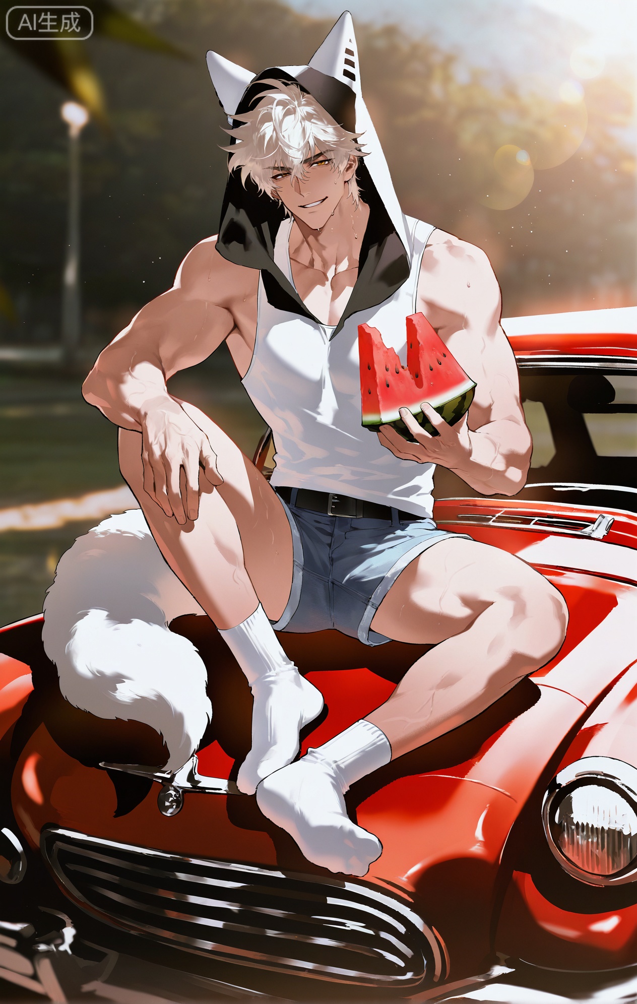 (artist:mazjojo:0.83),(artist:pigeon666:0.67),(artist:zawar379:0.77),(artist:remsrar:0.65),(artist:yoneyama mai:0.74),(artist:chimmyming:0.72),masterpiece,4k,hd,HDR,amazing quality,best quality,high resolution,goldenfieldszho,newest,very aesthetic,ultra-detailed,absurdres,perfect lighting,volumetric lighting,(bright, harsh sunlight of a summer day),shadowing,(good shadowing),depth of field,scenery,amazing aesthetics,cinematic lighting,cinematic,shading,(good shading),counter shading,subsurface scattering,intricate details,illustration,perfect hands,1boy,handsome,interesting,male focus,bara,sexy,solo,wiping sweat from his brow with his arm,
(a bright, energetic smile:1.4),(squinting slightly against the sun:1.2),
muscular male,abs,large pectorals,sweaty,
wearing (a white **** top:1.3), (denim shorts:1.4), (white ankle socks:1.4),(a baseball cap worn backwards:1.2),(nine fluffy white fox tails, spread out on the car hood:1.5),
(sitting on the hood of a vintage red car, holding a slice of watermelon:1.5),(taking a big bite of the watermelon:1.3),
background: a country road,sunflower field in the distance,backlit,dynamic pose,dynamic angle,detailed background,full body,bishounen,tall male,close-up,(soft color images:1.4),light particles,lens flare



Small note art style,,xiaozhitiao,yu xuan,multicolored hair,White dragon tail,White dragon horns,yellow eyes,white hair,blonde hair,1boy,bangs
,socks,white socks,dianmei