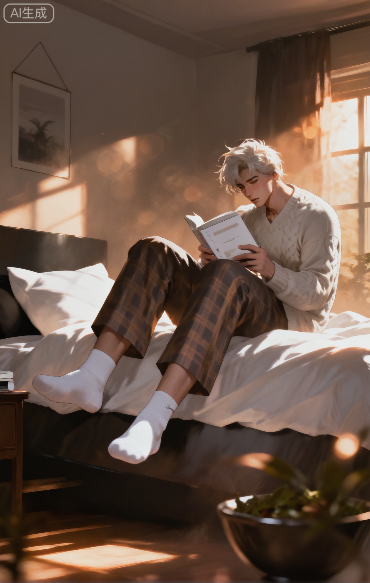 (artist:mazjojo:0.83),(artist:pigeon666:0.67),(artist:zawar379:0.77),(artist:remsrar:0.65),(artist:yoneyama mai:0.74),(artist:chimmyming:0.72),masterpiece,4k,hd,HDR,amazing quality,best quality,high resolution,goldenfieldszho,newest,very aesthetic,ultra-detailed,absurdres,perfect lighting,volumetric lighting,(soft, warm indoor lamplight),shadowing,(good shadowing),depth of field,scenery,amazing aesthetics,cinematic lighting,cinematic,shading,(good shading),counter shading,subsurface scattering,intricate details,illustration,perfect hands,1boy,handsome,interesting,male focus,bara,sexy,solo,looking up from a book with a curious expression,
(a faint, sleepy blush:1.3),(a small, gentle smile:1.4),
muscular male,abs,large pectorals,sweaty,
wearing (a cozy, oversized knit sweater with cherry patterns:1.5), (plaid pajama pants:1.4), (fluffy white ankle socks:1.4),(nine fluffy white fox tails, curled up on the bed like a cat:1.5),
(sitting on a messy bed, surrounded by pillows and books:1.4),(holding an open book, a bowl of cherries on the nightstand:1.3),
background: cozy bedroom,nightstand with a lamp,window with moonlight,backlit,dynamic pose,dynamic angle,detailed background,full body,bishounen,tall male,close-up,(soft color images:1.4),light particles,lens flare



Small note art style,,xiaozhitiao,yu xuan,multicolored hair,White dragon tail,White dragon horns,yellow eyes,white hair,blonde hair,1boy,bangs
,socks,white socks,dianmei