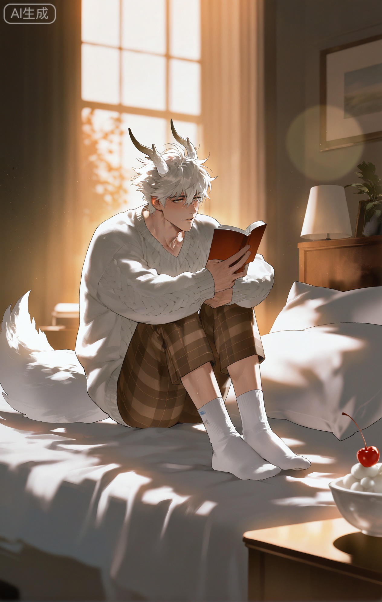 (artist:mazjojo:0.83),(artist:pigeon666:0.67),(artist:zawar379:0.77),(artist:remsrar:0.65),(artist:yoneyama mai:0.74),(artist:chimmyming:0.72),masterpiece,4k,hd,HDR,amazing quality,best quality,high resolution,goldenfieldszho,newest,very aesthetic,ultra-detailed,absurdres,perfect lighting,volumetric lighting,(soft, warm indoor lamplight),shadowing,(good shadowing),depth of field,scenery,amazing aesthetics,cinematic lighting,cinematic,shading,(good shading),counter shading,subsurface scattering,intricate details,illustration,perfect hands,1boy,handsome,interesting,male focus,bara,sexy,solo,looking up from a book with a curious expression,
(a faint, sleepy blush:1.3),(a small, gentle smile:1.4),
muscular male,abs,large pectorals,sweaty,
wearing (a cozy, oversized knit sweater with cherry patterns:1.5), (plaid pajama pants:1.4), (fluffy white ankle socks:1.4),(nine fluffy white fox tails, curled up on the bed like a cat:1.5),
(sitting on a messy bed, surrounded by pillows and books:1.4),(holding an open book, a bowl of cherries on the nightstand:1.3),
background: cozy bedroom,nightstand with a lamp,window with moonlight,backlit,dynamic pose,dynamic angle,detailed background,full body,bishounen,tall male,close-up,(soft color images:1.4),light particles,lens flare



Small note art style,,xiaozhitiao,yu xuan,multicolored hair,White dragon tail,White dragon horns,yellow eyes,white hair,blonde hair,1boy,bangs
,socks,white socks,dianmei