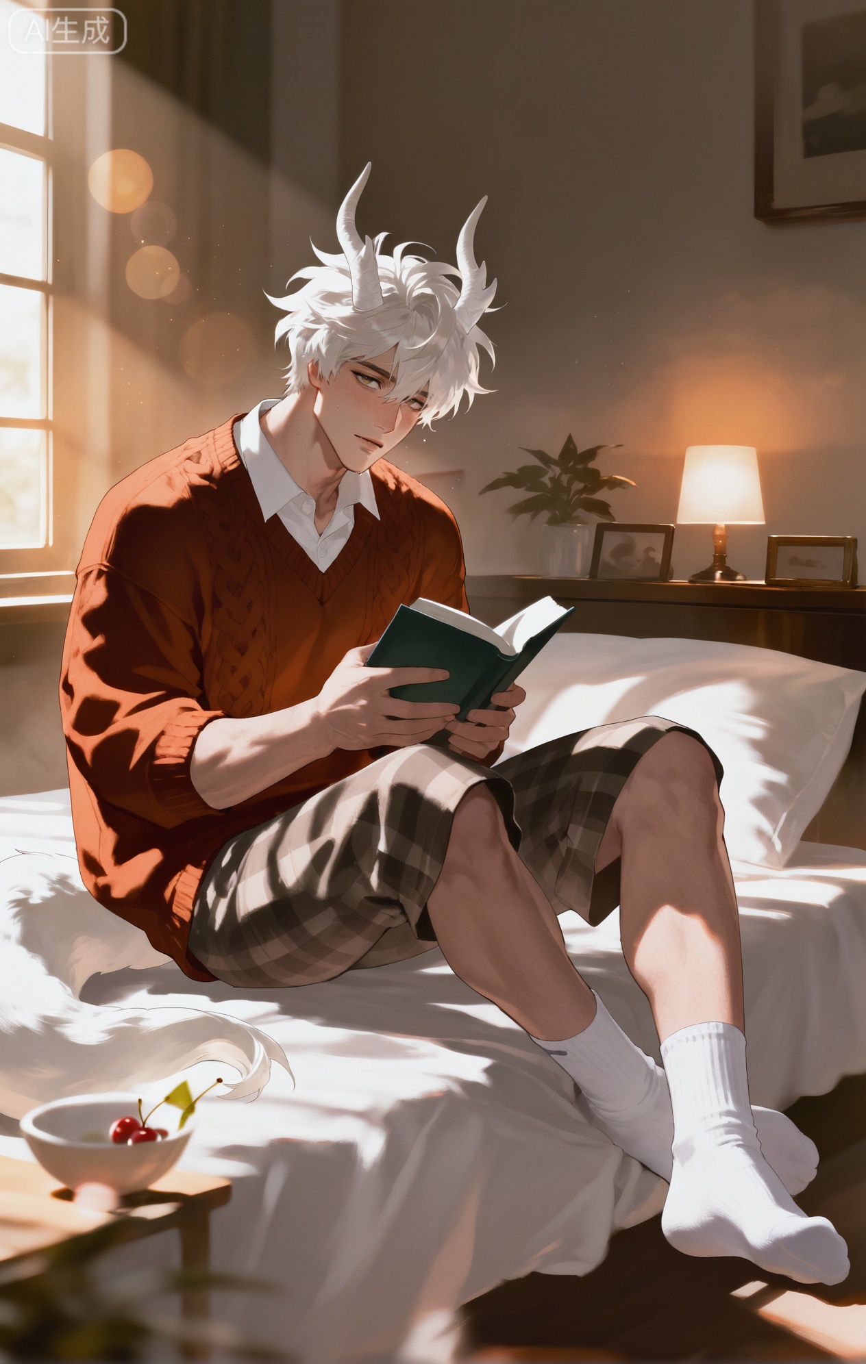 (artist:mazjojo:0.83),(artist:pigeon666:0.67),(artist:zawar379:0.77),(artist:remsrar:0.65),(artist:yoneyama mai:0.74),(artist:chimmyming:0.72),masterpiece,4k,hd,HDR,amazing quality,best quality,high resolution,goldenfieldszho,newest,very aesthetic,ultra-detailed,absurdres,perfect lighting,volumetric lighting,(soft, warm indoor lamplight),shadowing,(good shadowing),depth of field,scenery,amazing aesthetics,cinematic lighting,cinematic,shading,(good shading),counter shading,subsurface scattering,intricate details,illustration,perfect hands,1boy,handsome,interesting,male focus,bara,sexy,solo,looking up from a book with a curious expression,
(a faint, sleepy blush:1.3),(a small, gentle smile:1.4),
muscular male,abs,large pectorals,sweaty,
wearing (a cozy, oversized knit sweater with cherry patterns:1.5), (plaid pajama pants:1.4), (fluffy white ankle socks:1.4),(nine fluffy white fox tails, curled up on the bed like a cat:1.5),
(sitting on a messy bed, surrounded by pillows and books:1.4),(holding an open book, a bowl of cherries on the nightstand:1.3),
background: cozy bedroom,nightstand with a lamp,window with moonlight,backlit,dynamic pose,dynamic angle,detailed background,full body,bishounen,tall male,close-up,(soft color images:1.4),light particles,lens flare



Small note art style,,xiaozhitiao,yu xuan,multicolored hair,White dragon tail,White dragon horns,yellow eyes,white hair,blonde hair,1boy,bangs
,socks,white socks,dianmei