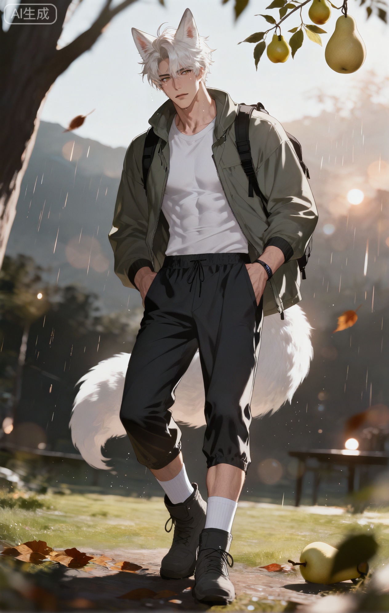 (artist:mazjojo:0.83),(artist:pigeon666:0.67),(artist:zawar379:0.77),(artist:remsrar:0.65),(artist:yoneyama mai:0.74),(artist:chimmyming:0.72),masterpiece,4k,hd,HDR,amazing quality,best quality,high resolution,goldenfieldszho,newest,very aesthetic,ultra-detailed,absurdres,perfect lighting,volumetric lighting,(dramatic, cold lighting of a rainy day, sun breaking through clouds),shadowing,(good shadowing),depth of field,scenery,amazing aesthetics,cinematic lighting,cinematic,shading,(good shading),counter shading,subsurface scattering,intricate details,illustration,perfect hands,1boy,handsome,interesting,male focus,bara,sexy,solo,looking up at the sky, taking a deep breath of fresh air,
(a peaceful, content expression:1.5),(rain drops on his cheeks like tears of joy:1.3),
muscular male,abs,large pectorals,sweaty,
wearing (a waterproof jacket, unzipped:1.4), (a simple t-shirt underneath:1.2), (dark cargo pants:1.3), (white ankle socks and hiking boots:1.4),(nine fluffy white fox tails, damp and glistening with rainwater:1.5),
(standing in a muddy garden under a pear tree, holding a fallen pear blossom:1.5),(reaching out to catch a raindrop from a leaf:1.3),
background: garden after rain,pear tree with white blossoms,wet ground,rainbow in the distance,backlit,dynamic pose,dynamic angle,detailed background,full body,bishounen,tall male,close-up,(soft color images:1.4),light particles,lens flare



Small note art style,,xiaozhitiao,yu xuan,multicolored hair,White dragon tail,White dragon horns,yellow eyes,white hair,blonde hair,1boy,bangs
,socks,white socks,dianmei